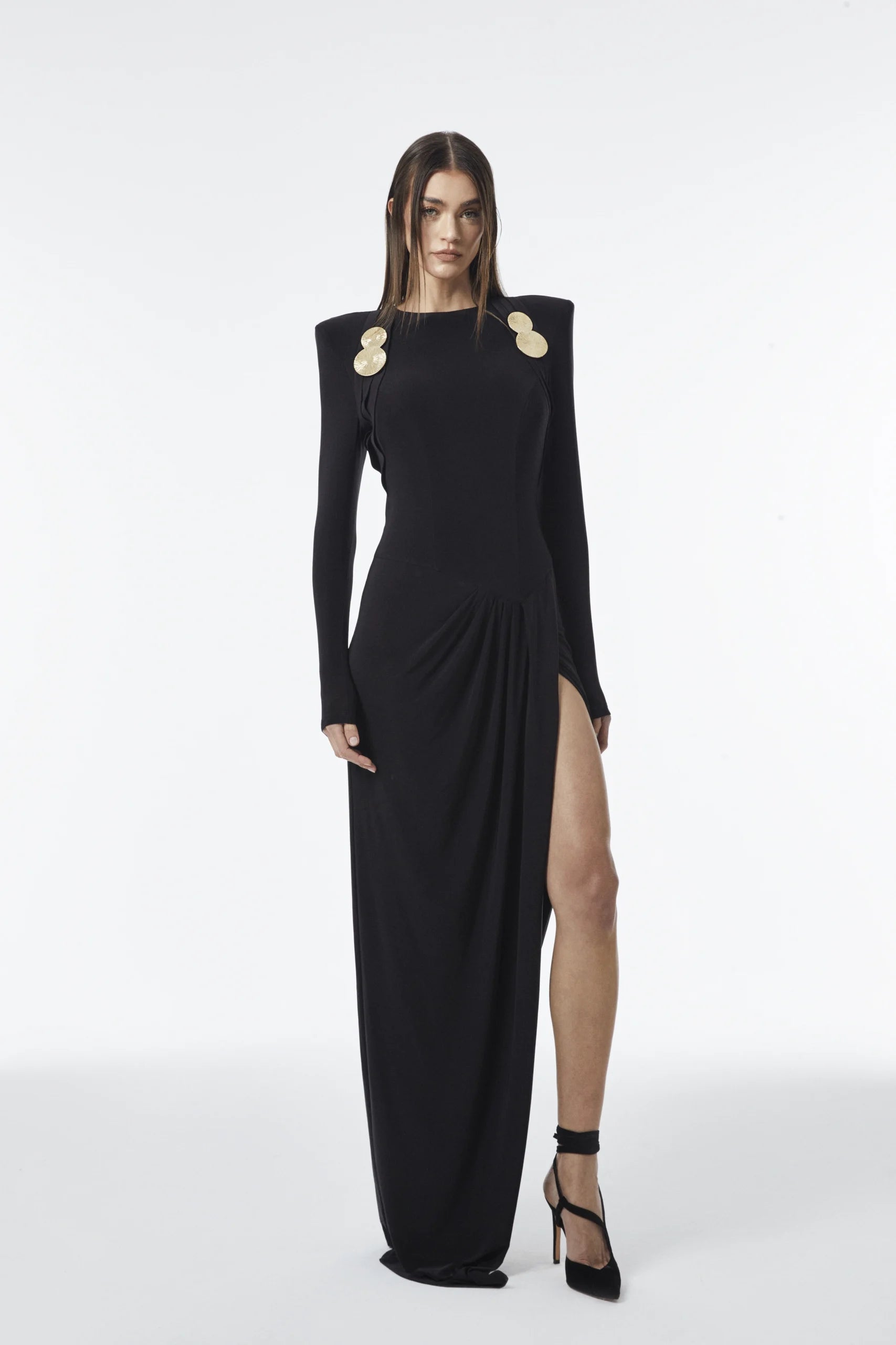 Long-sleeve draped maxi dress with elegant Side slit detail.