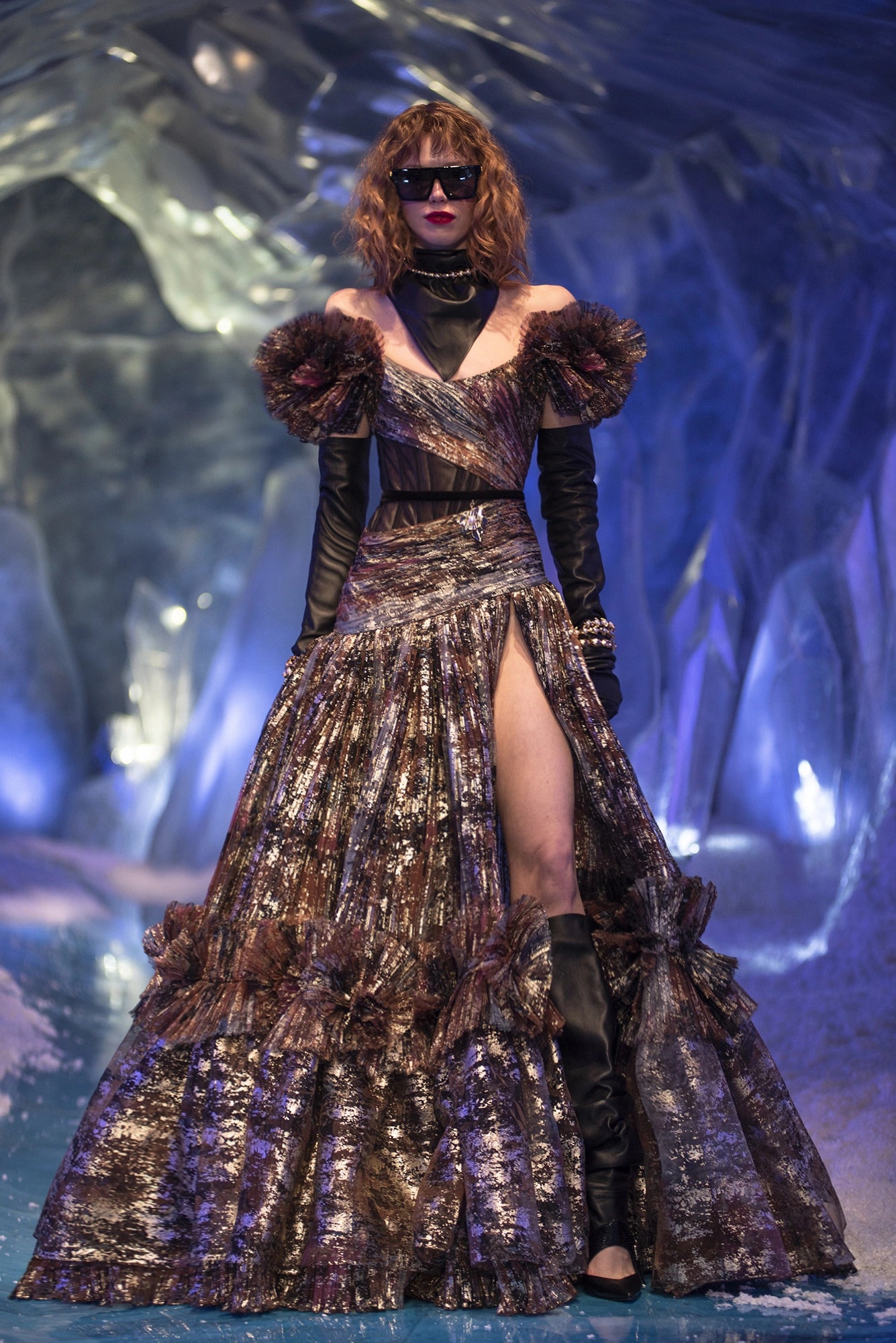 Mix Pattern Off-Shoulder Organza Dress