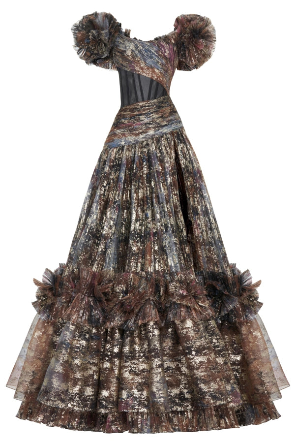 Mix Pattern Off-Shoulder Organza Dress