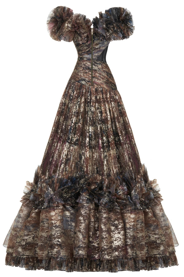 Mix Pattern Off-Shoulder Organza Dress