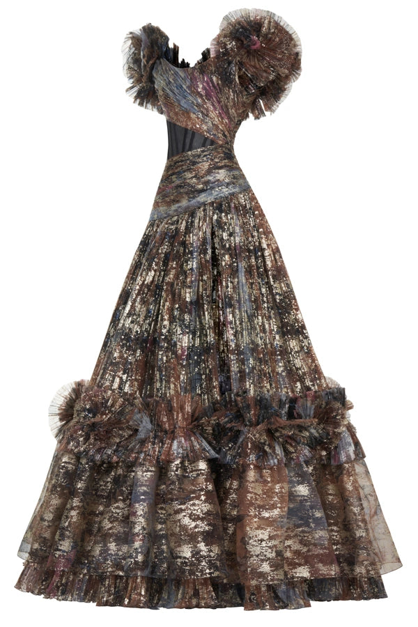 Mix Pattern Off-Shoulder Organza Dress