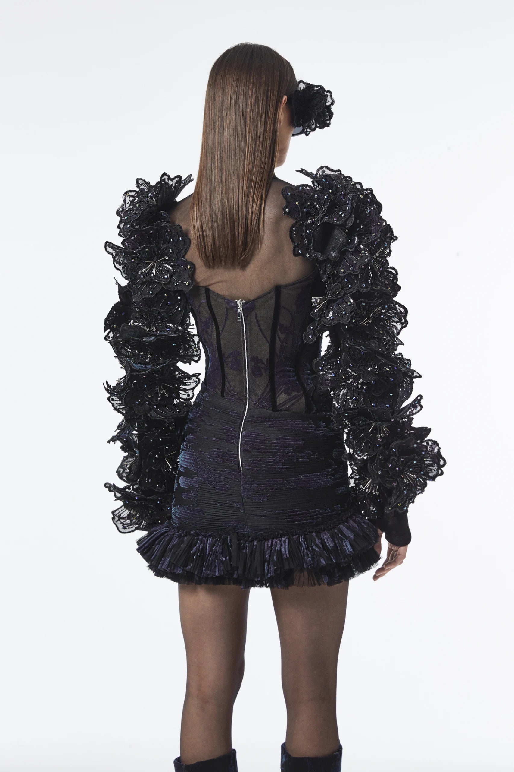 Off-Shoulder Velvet Dress with Sheer Draping