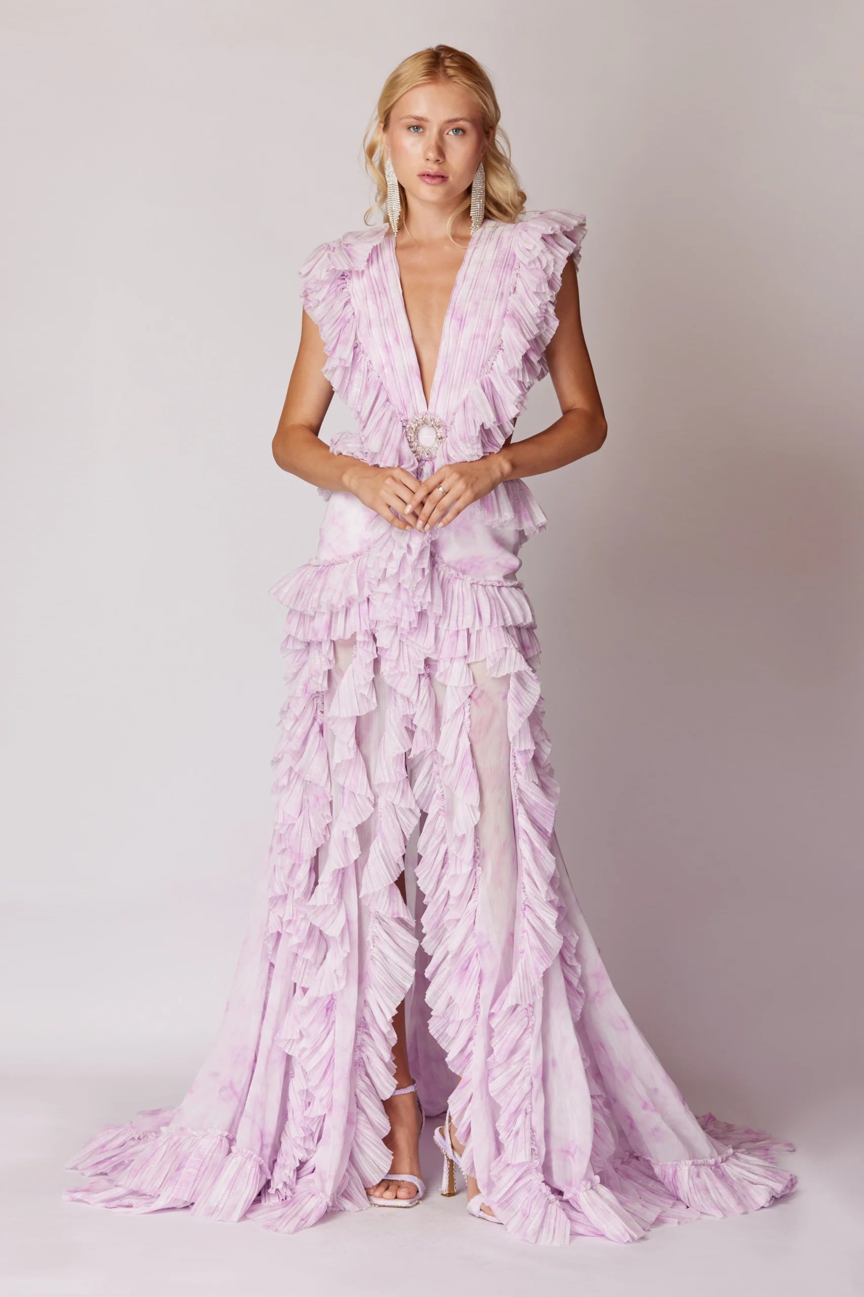 Pink Handmade Patterned High Slit Ruffled Maxi Dress