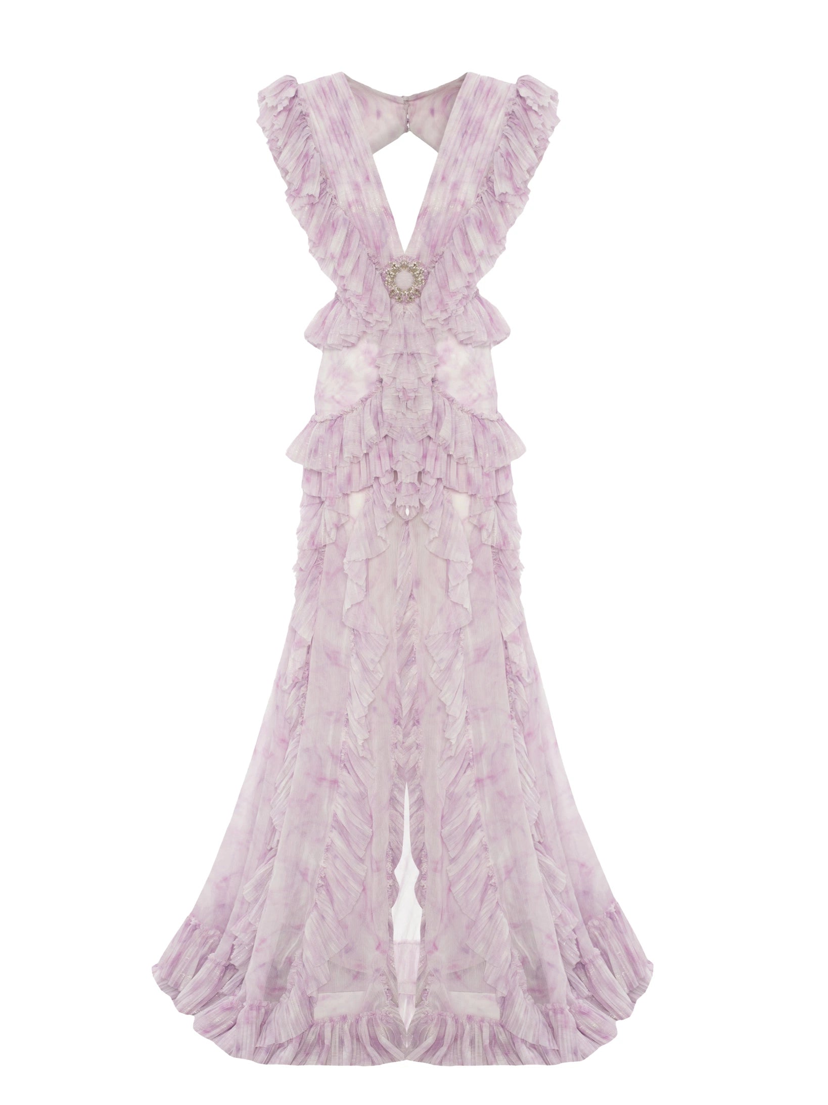 Pink Handmade Patterned High Slit Ruffled Maxi Dress