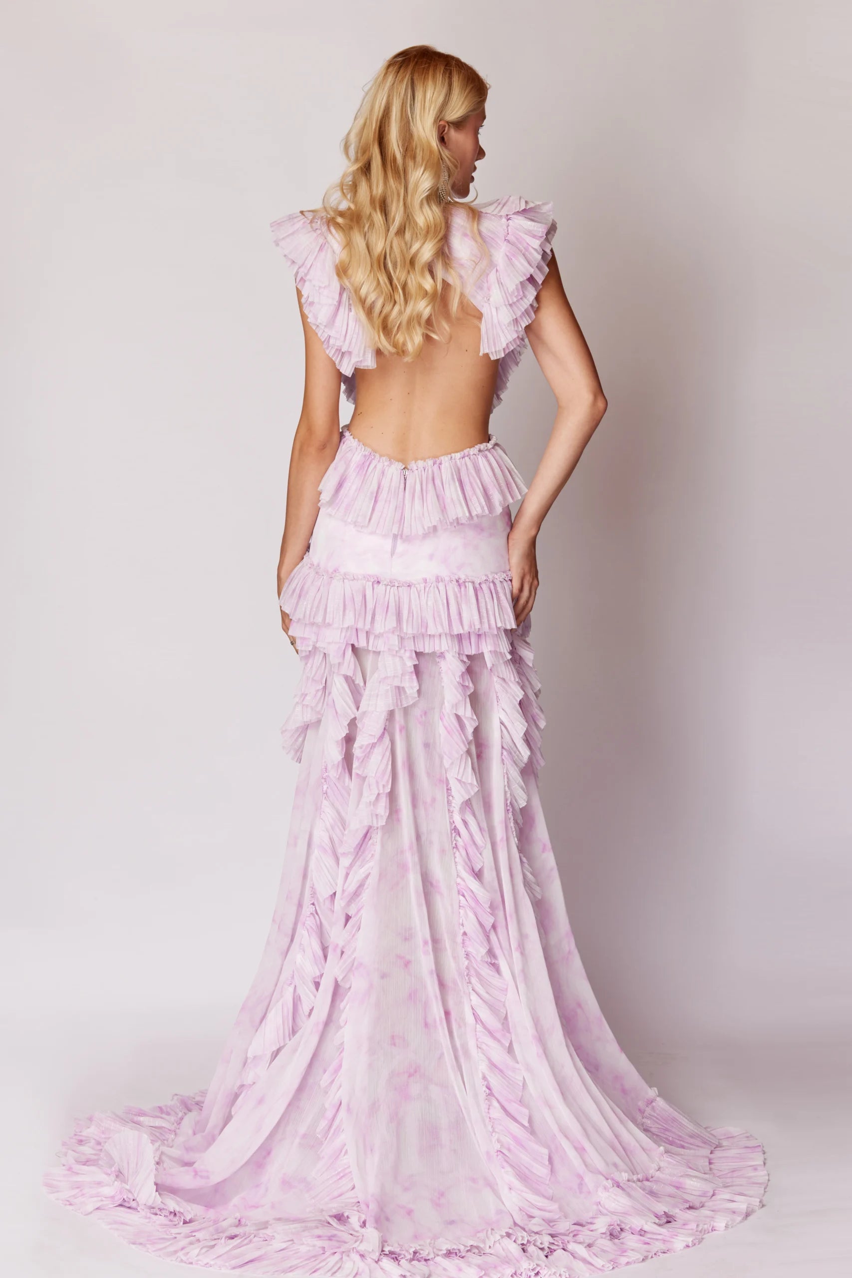 Pink Handmade Patterned High Slit Ruffled Maxi Dress