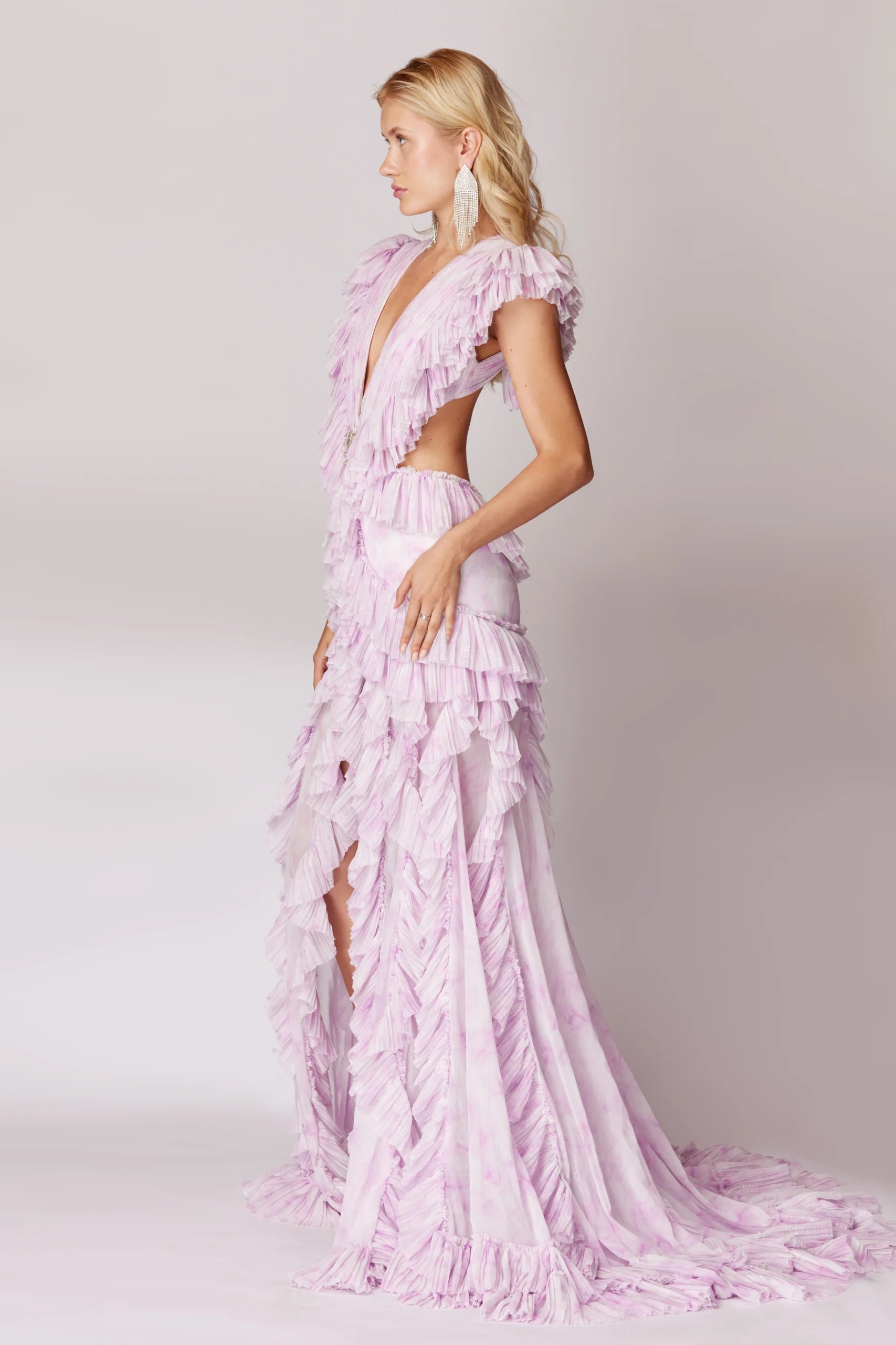 Pink Handmade Patterned High Slit Ruffled Maxi Dress