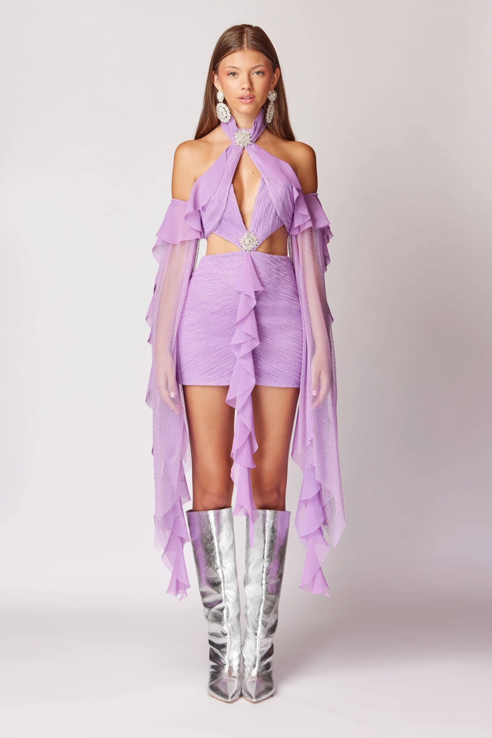 Pleated Off-Shoulder Neckline Cut-Out Mini Dress