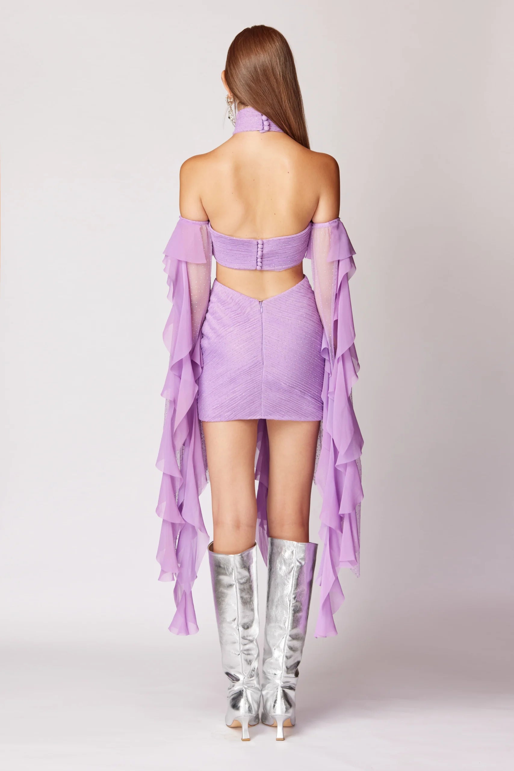 Pleated Off-Shoulder Neckline Cut-Out Mini Dress