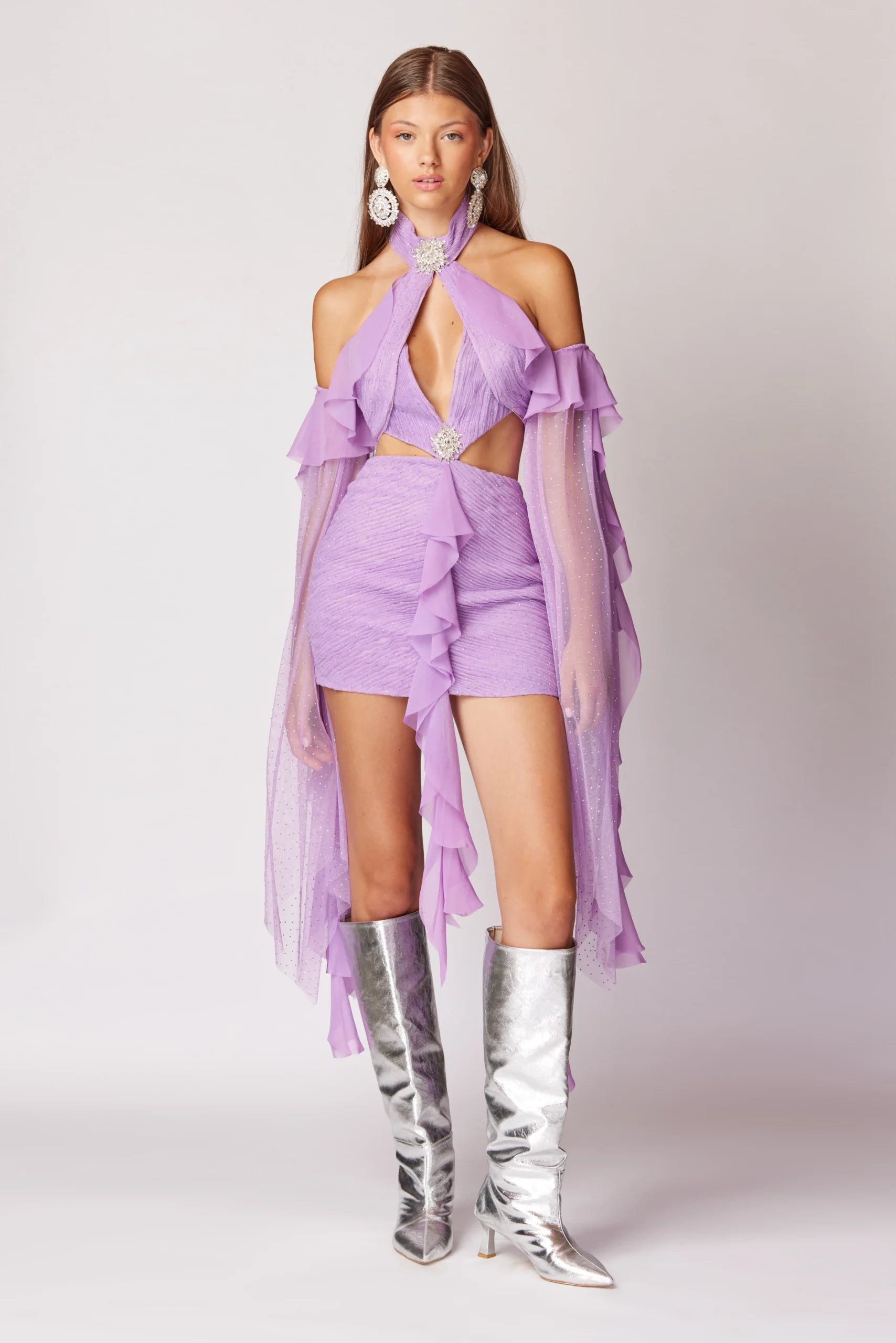 Pleated Off-Shoulder Neckline Cut-Out Mini Dress