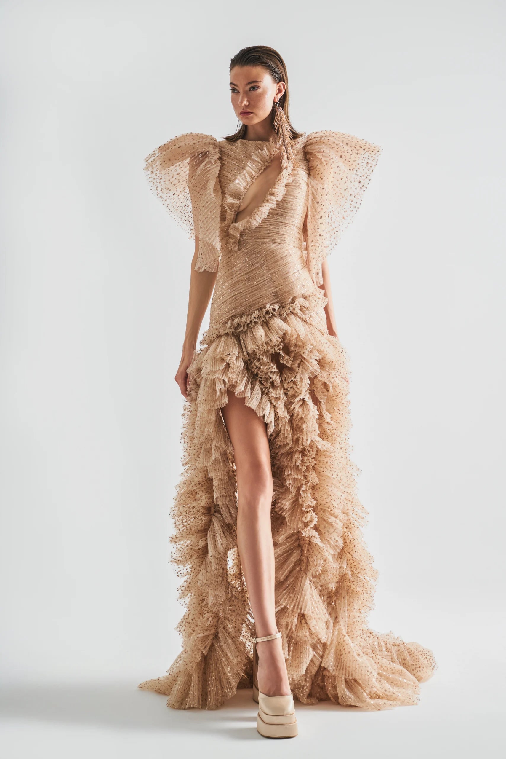 Pleated Point d’Esprit Dress with Cap Sleeves