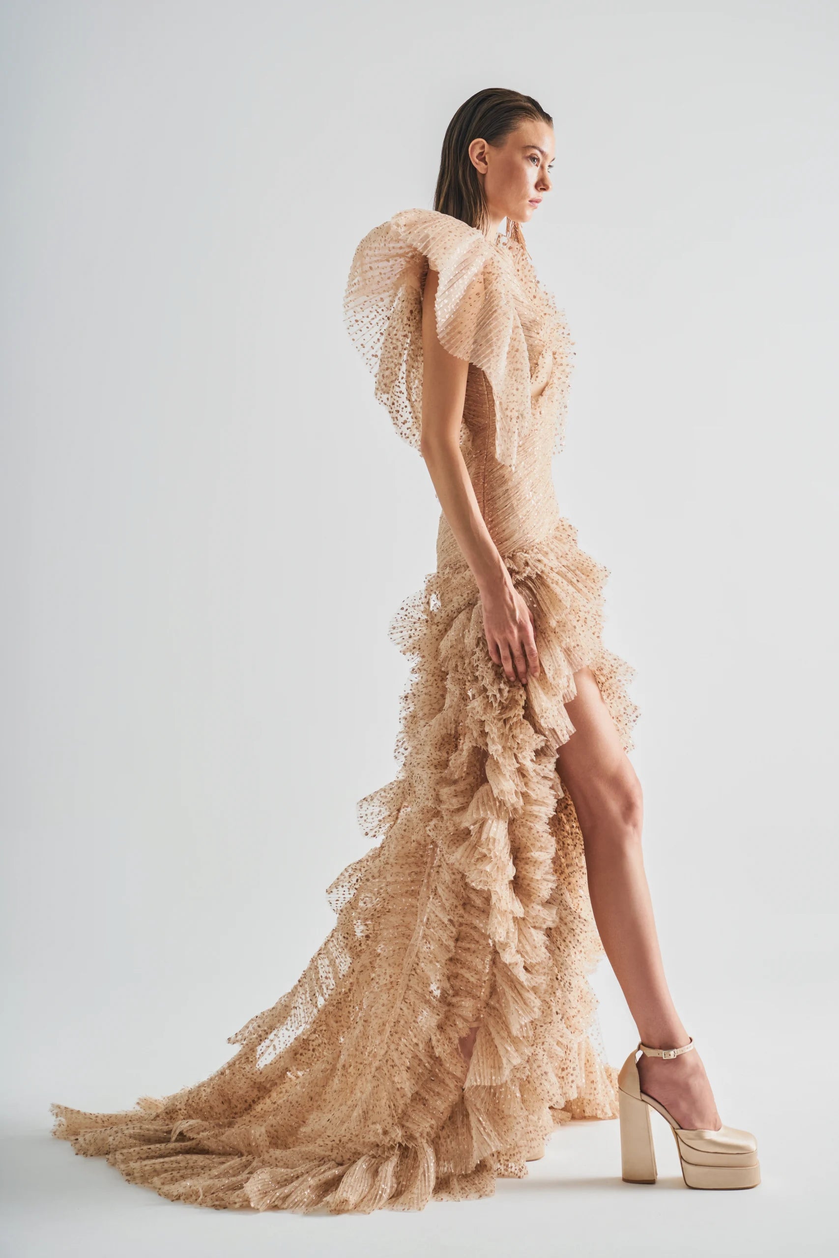 Pleated Point d’Esprit Dress with Cap Sleeves