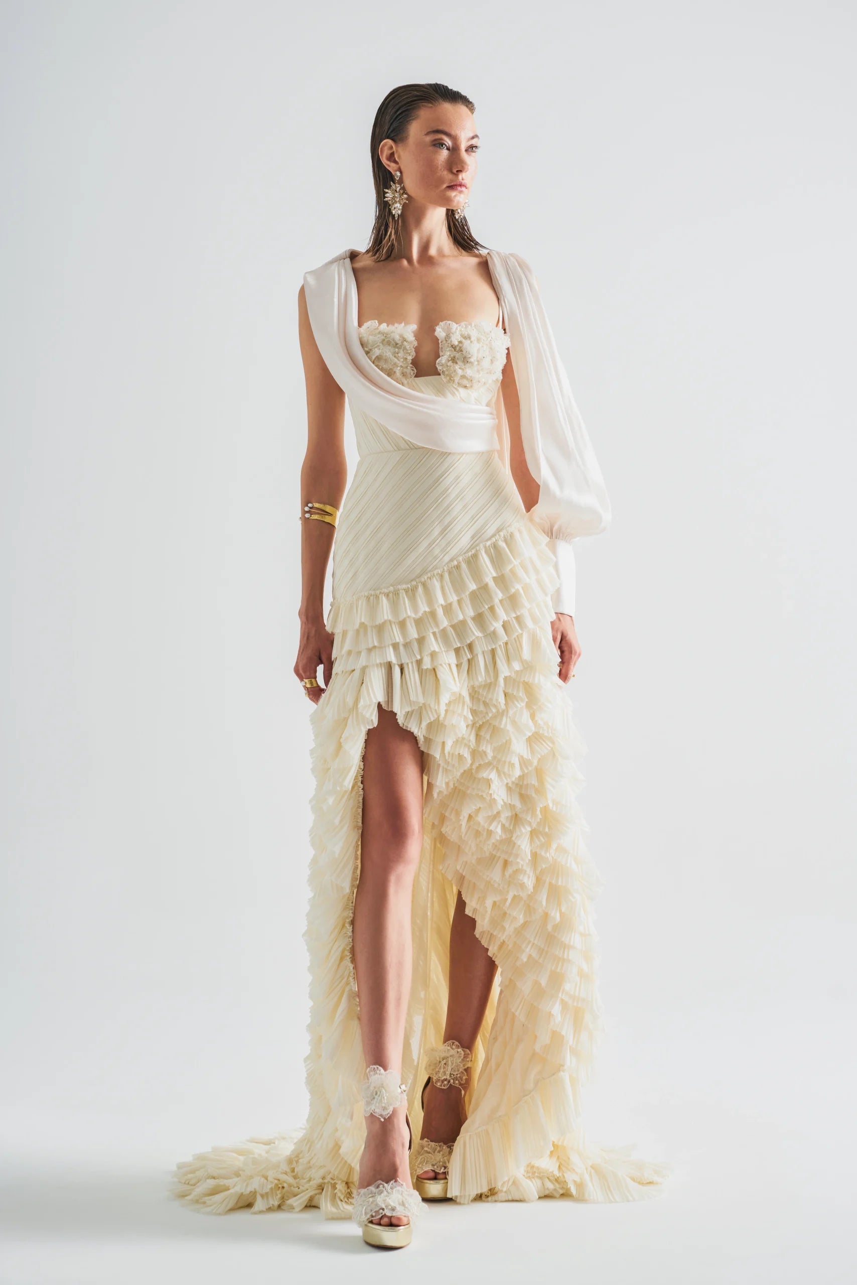 Pleated Ruffle long Dress With Embroidery Detail