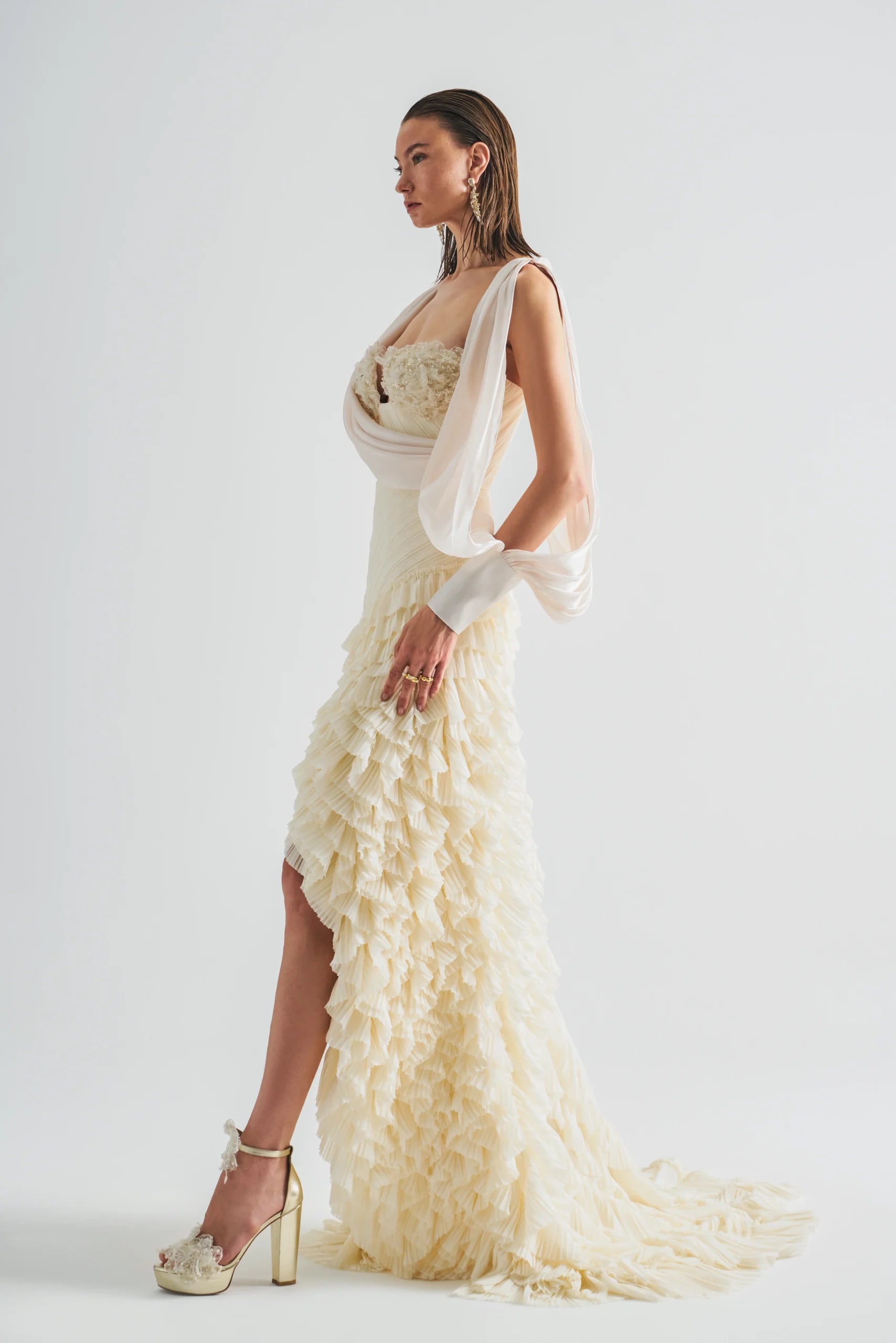 Pleated Ruffle long Dress With Embroidery Detail