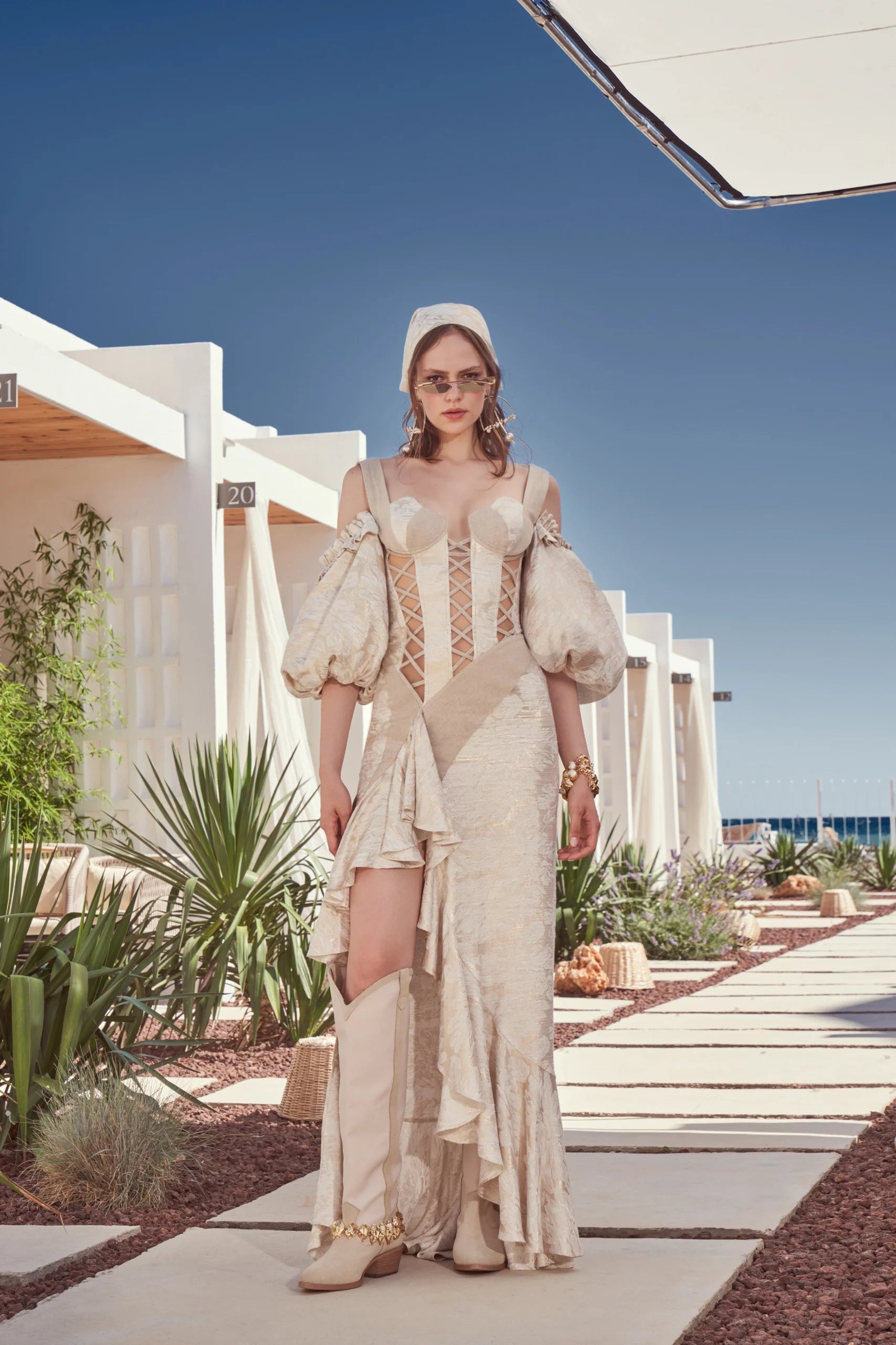 Puff Sleeve Front slit Linen Dress