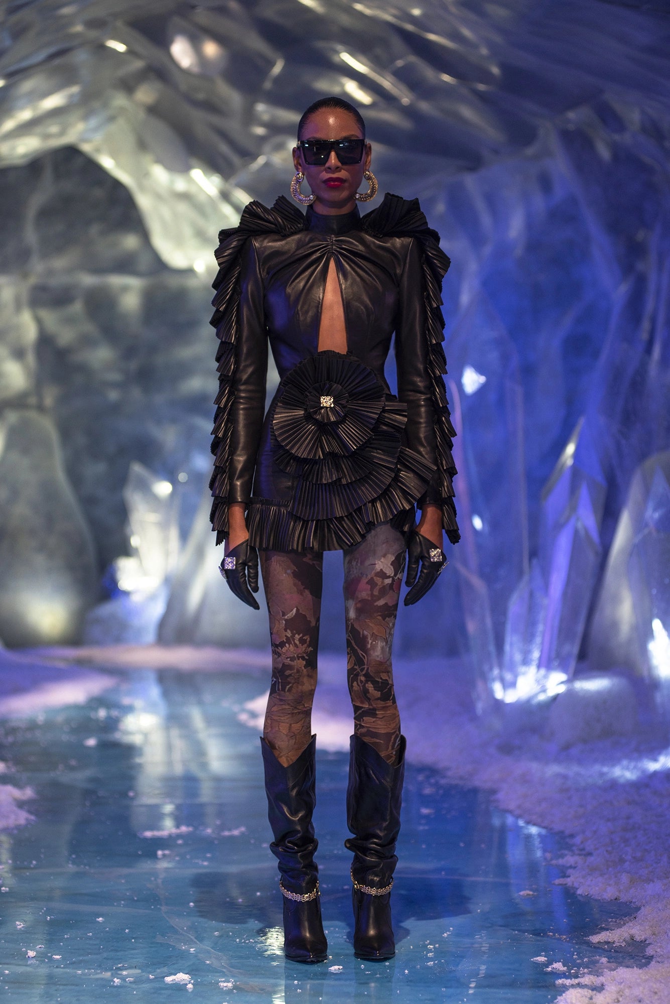 Ruffle Detailed Leather Mini Dress