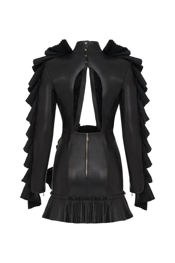 Ruffle Detailed Leather Mini Dress