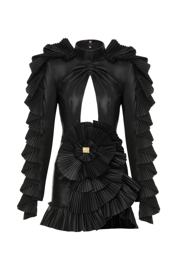 Ruffle Detailed Leather Mini Dress