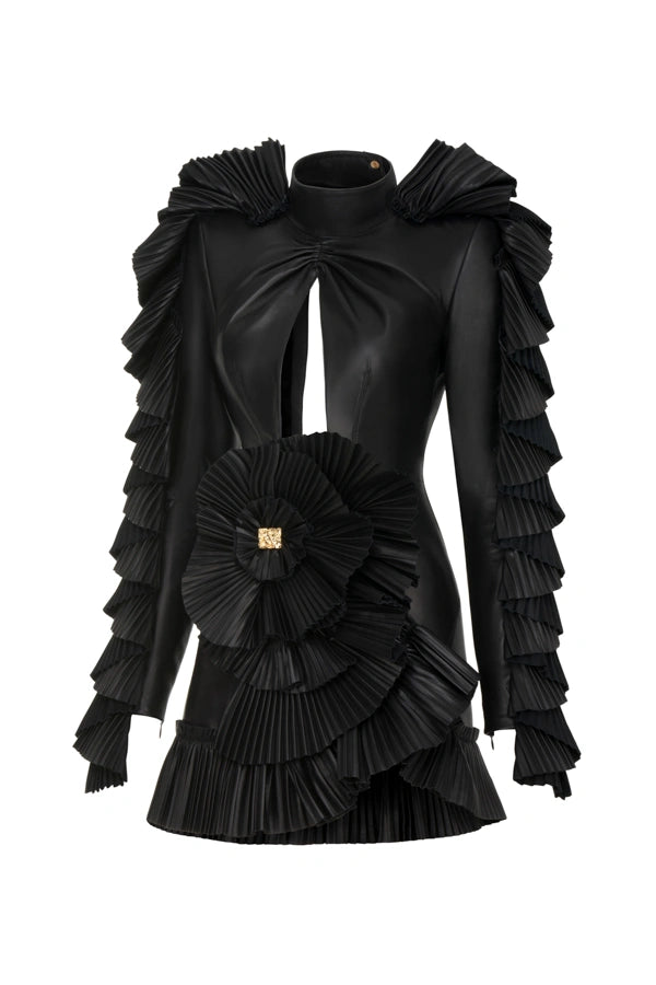 Ruffle Detailed Leather Mini Dress