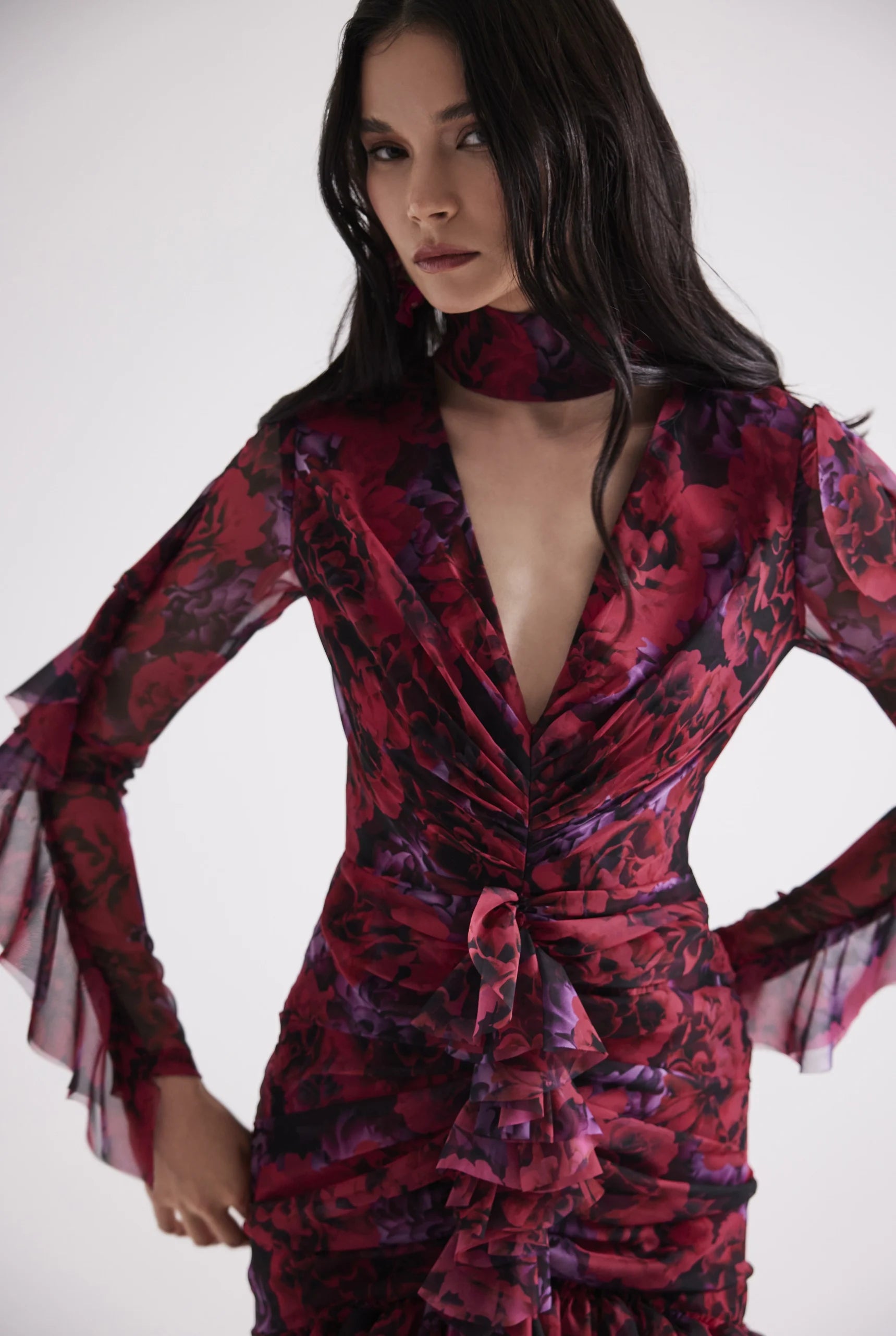 Ruffled Floral Patterned Mini Dress