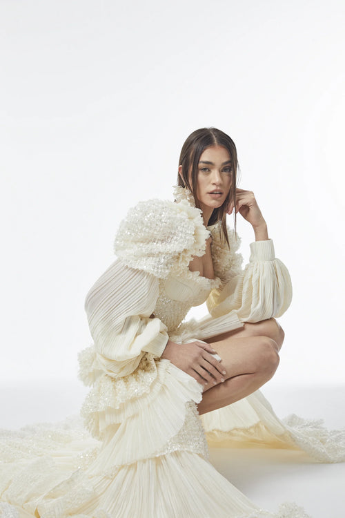 Ruffled Long-Sleeve Dress With Slit Detail