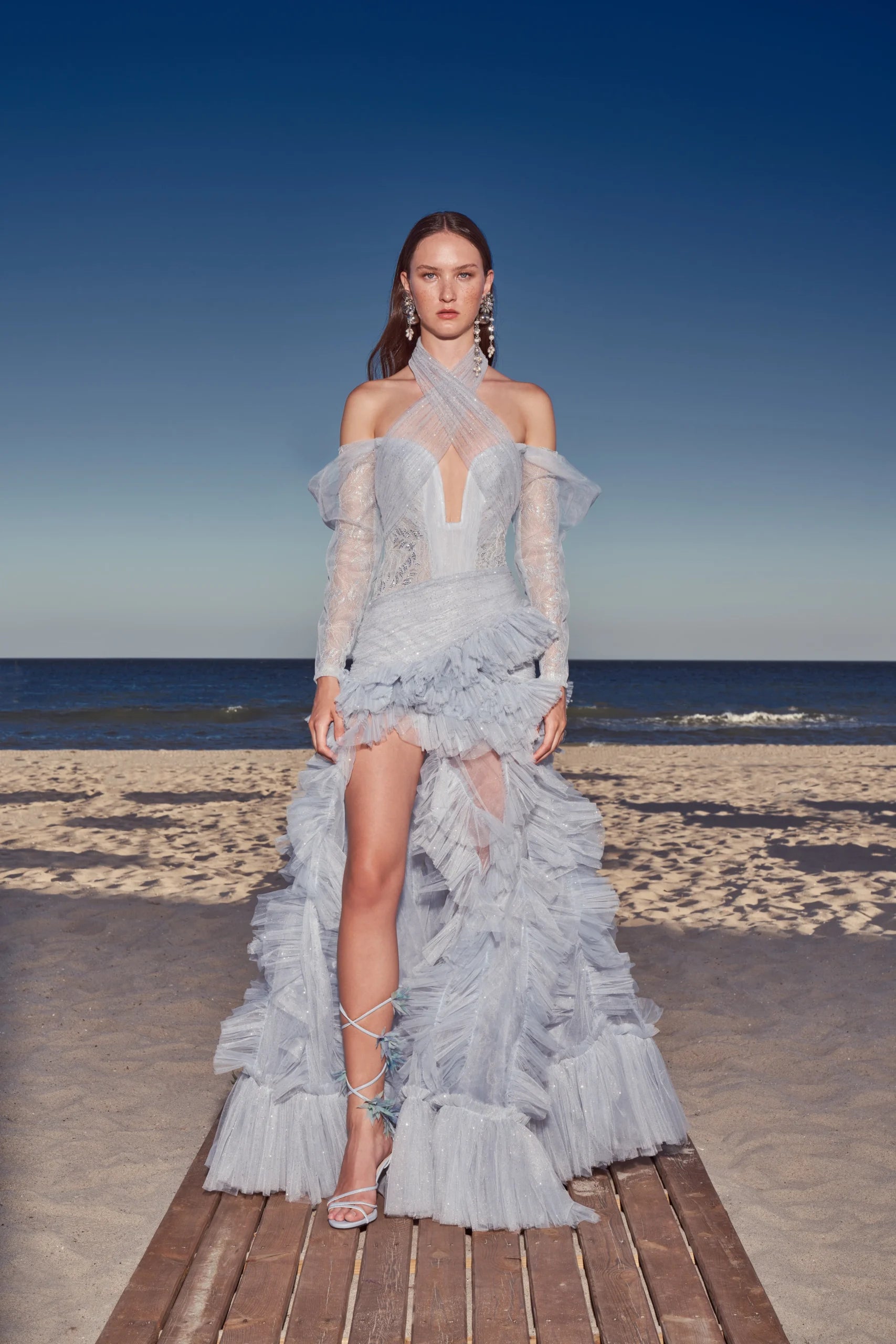 Shimmer Off-Shoulder Halter Dress with Sheer  Long Sleeves