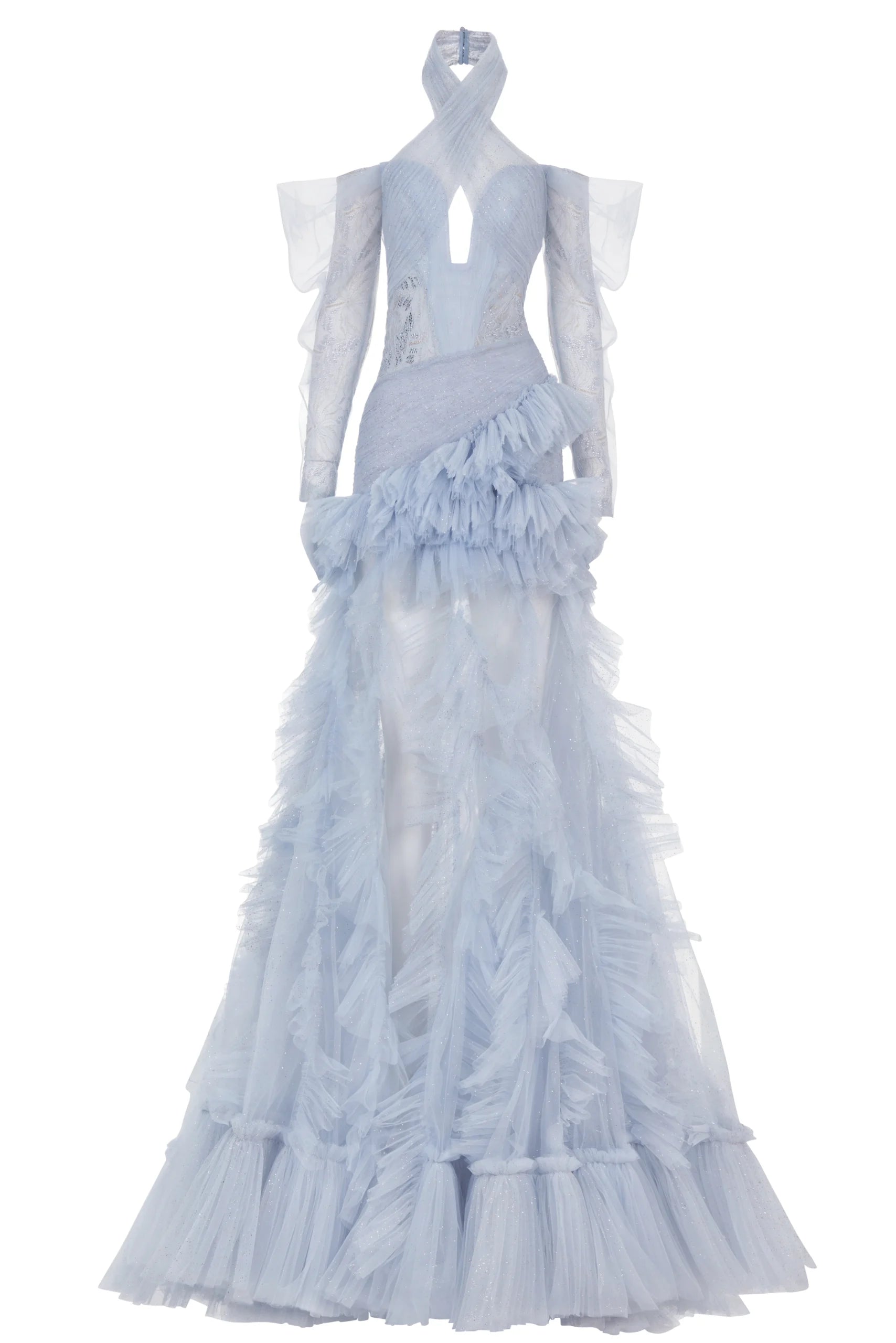 Shimmer Off-Shoulder Halter Dress with Sheer  Long Sleeves