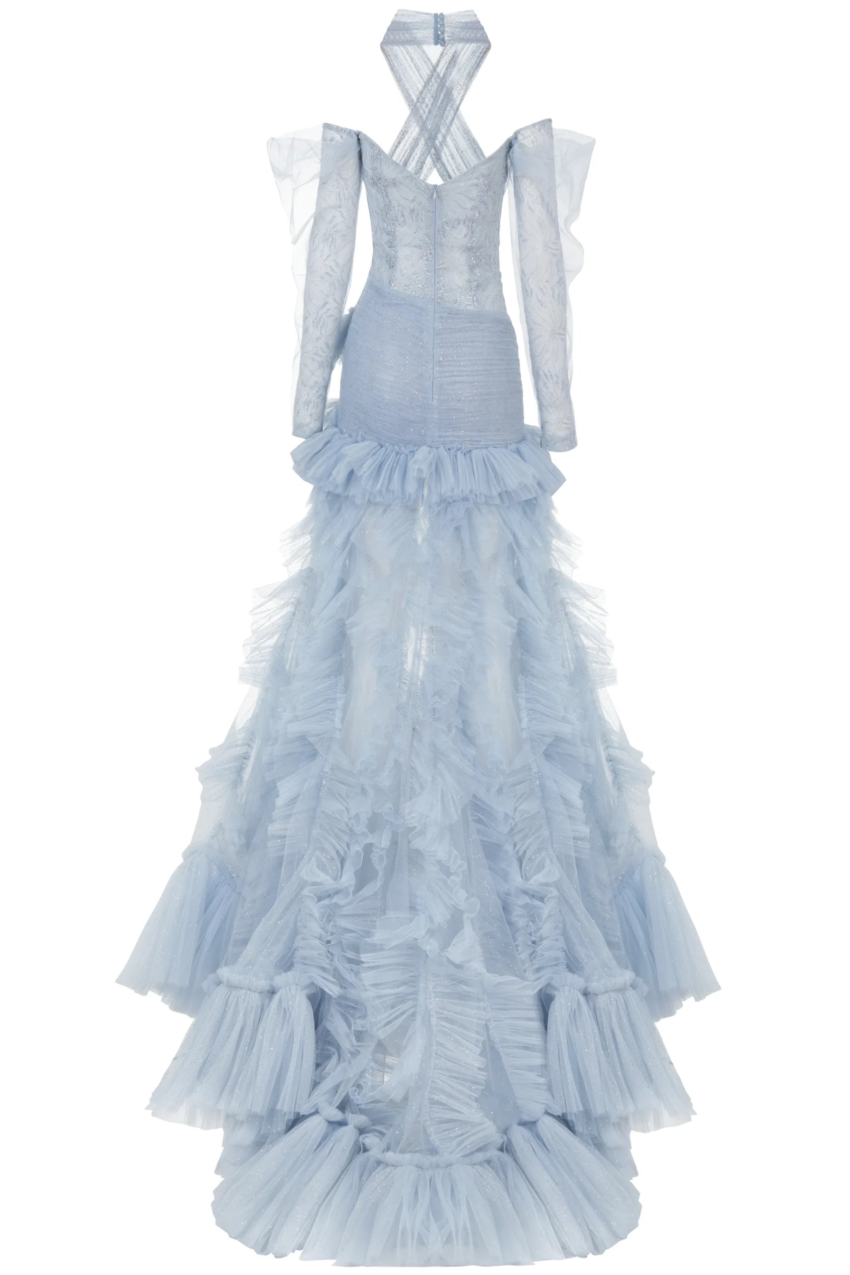 Shimmer Off-Shoulder Halter Dress with Sheer  Long Sleeves