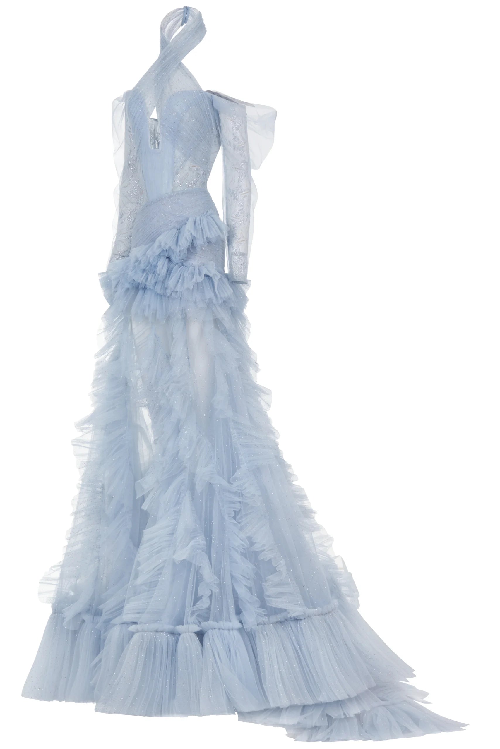 Shimmer Off-Shoulder Halter Dress with Sheer  Long Sleeves