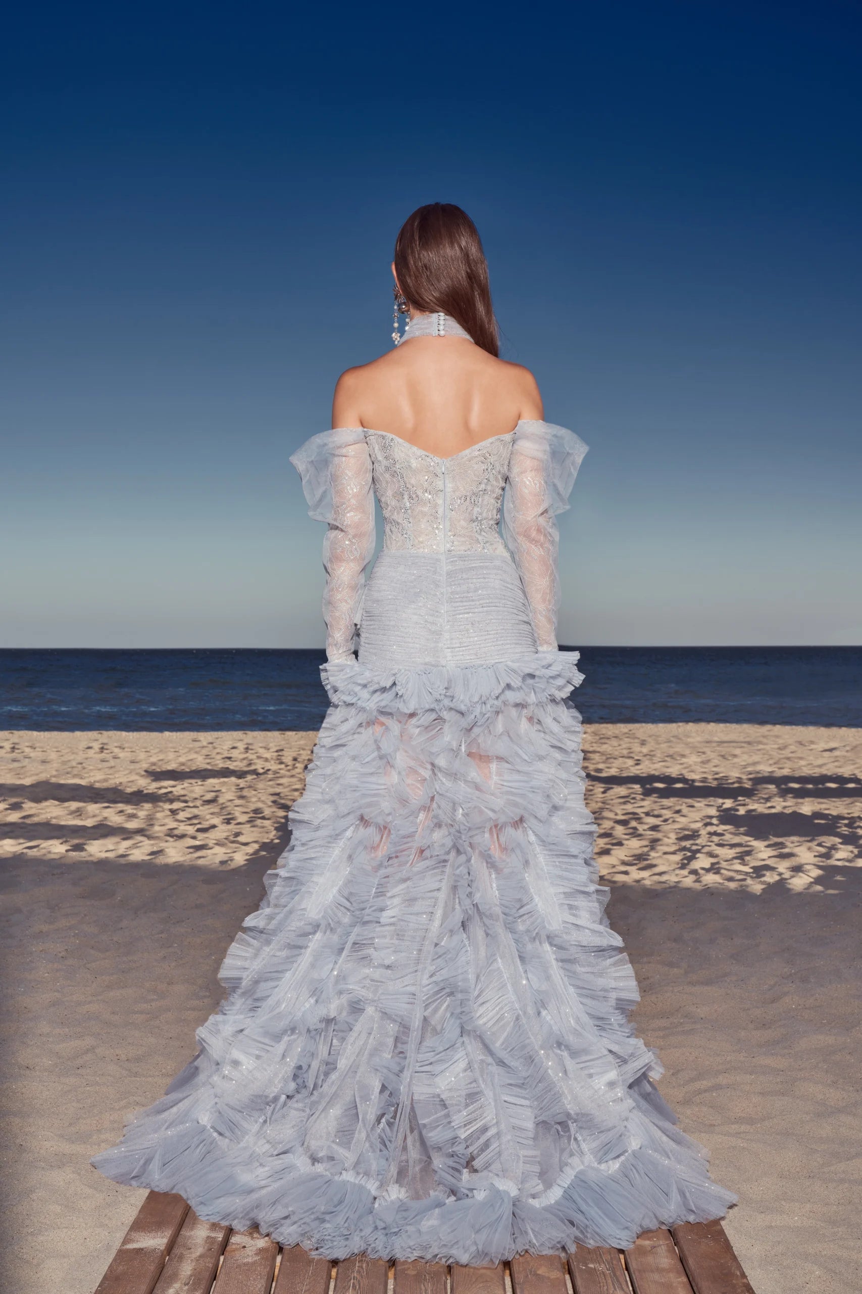 Shimmer Off-Shoulder Halter Dress with Sheer  Long Sleeves