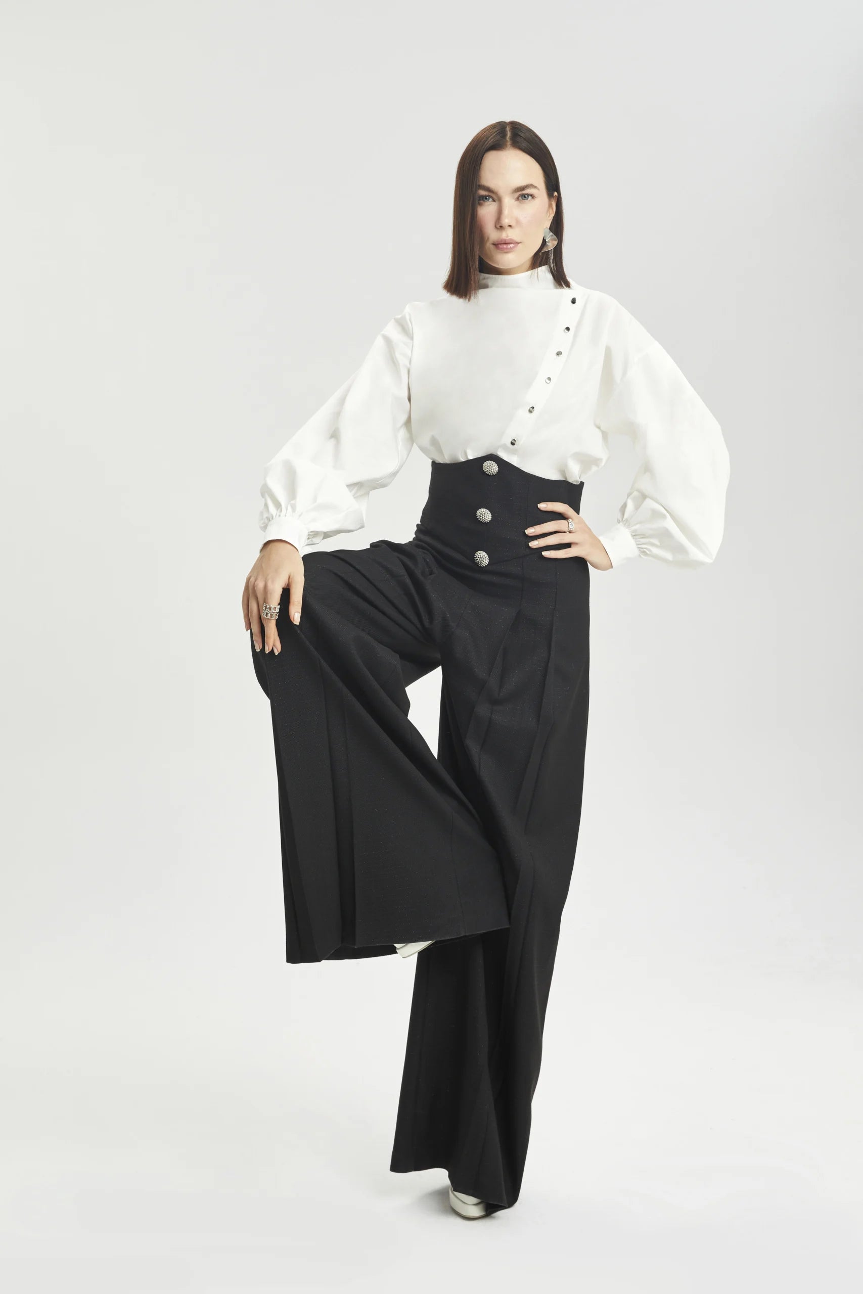 Silver-Appliqué Wide-Leg Trousers with Corset Waist