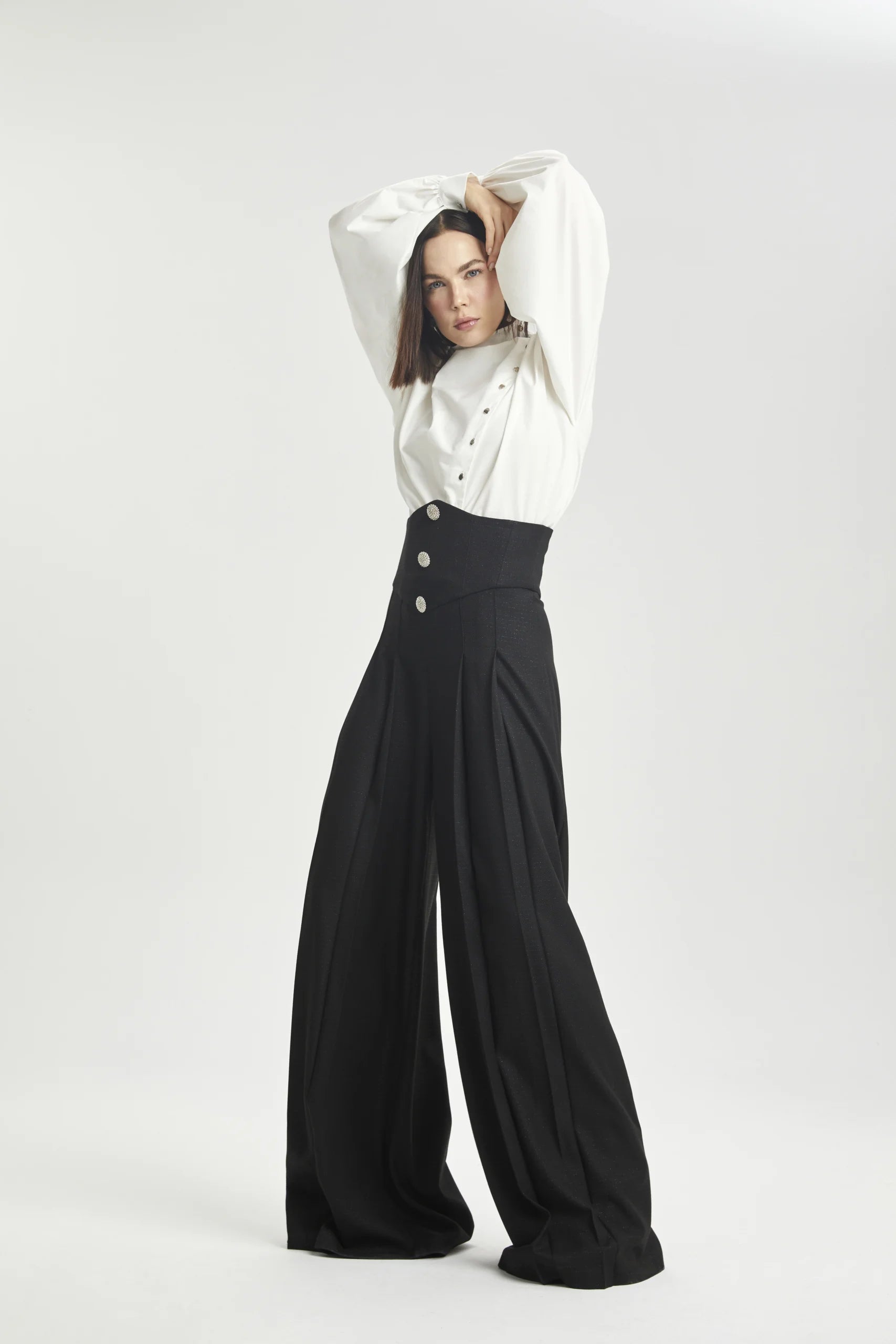 Silver-Appliqué Wide-Leg Trousers with Corset Waist