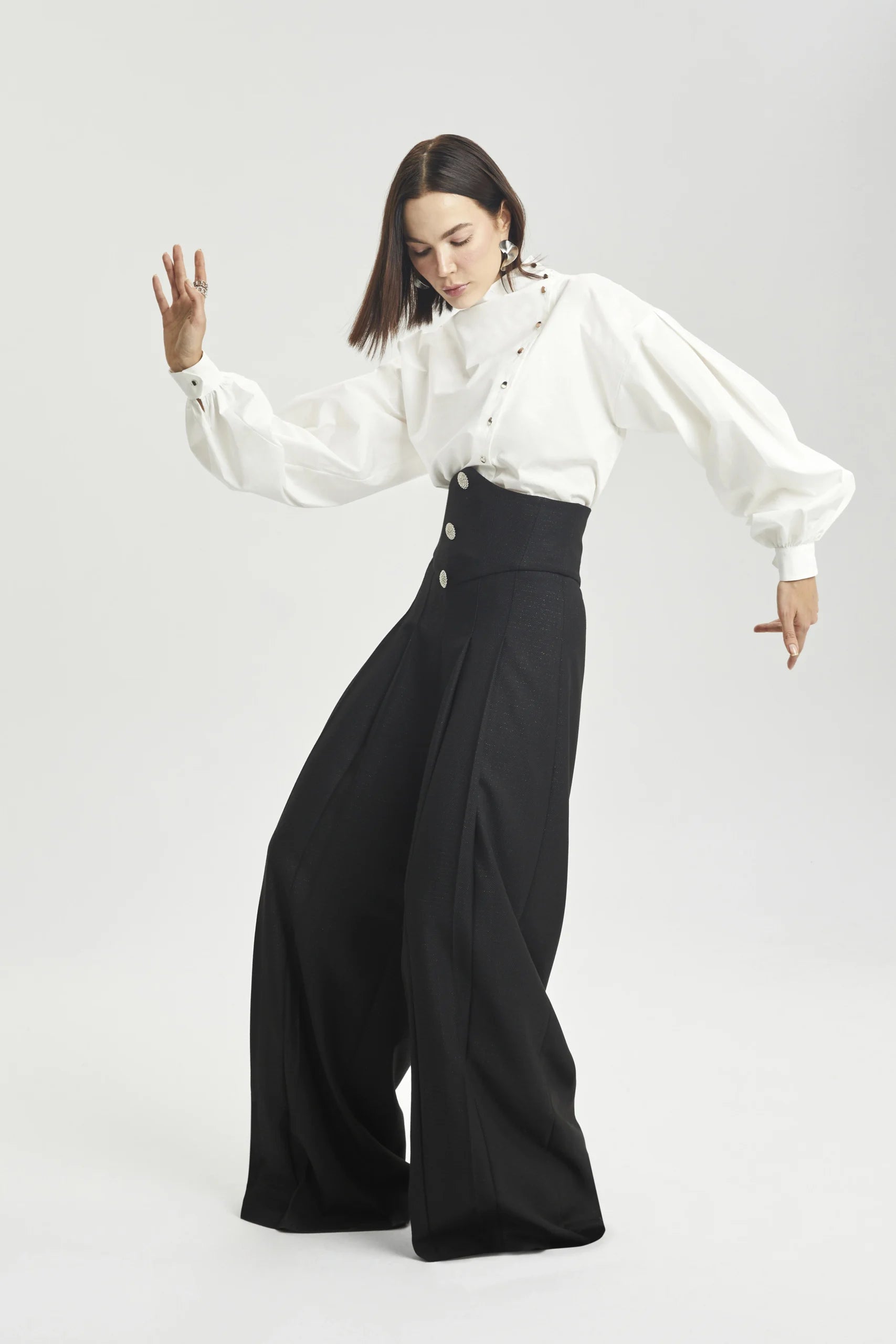 Silver-Appliqué Wide-Leg Trousers with Corset Waist