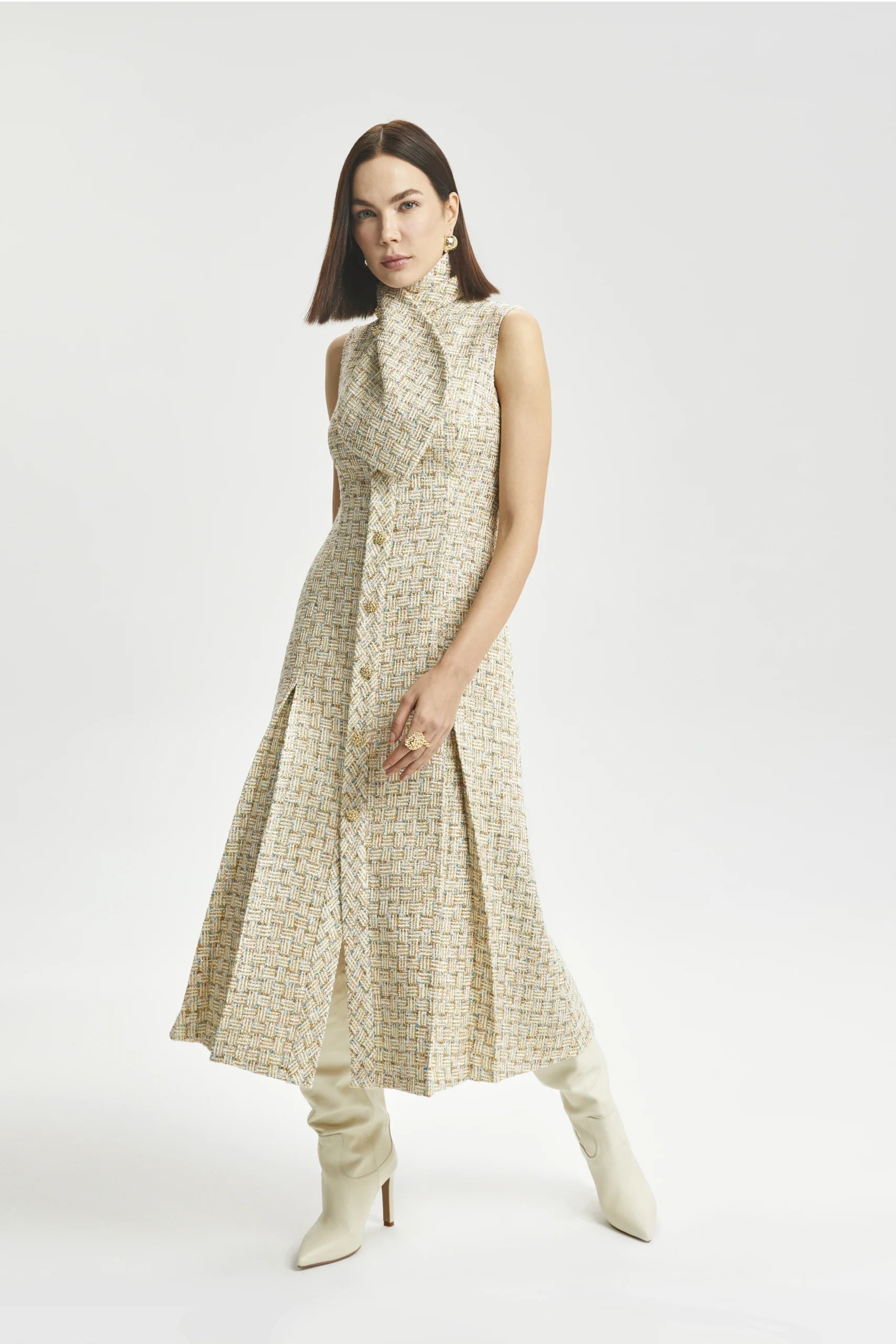 Sleeveless Bouclé Snap-Front Dress