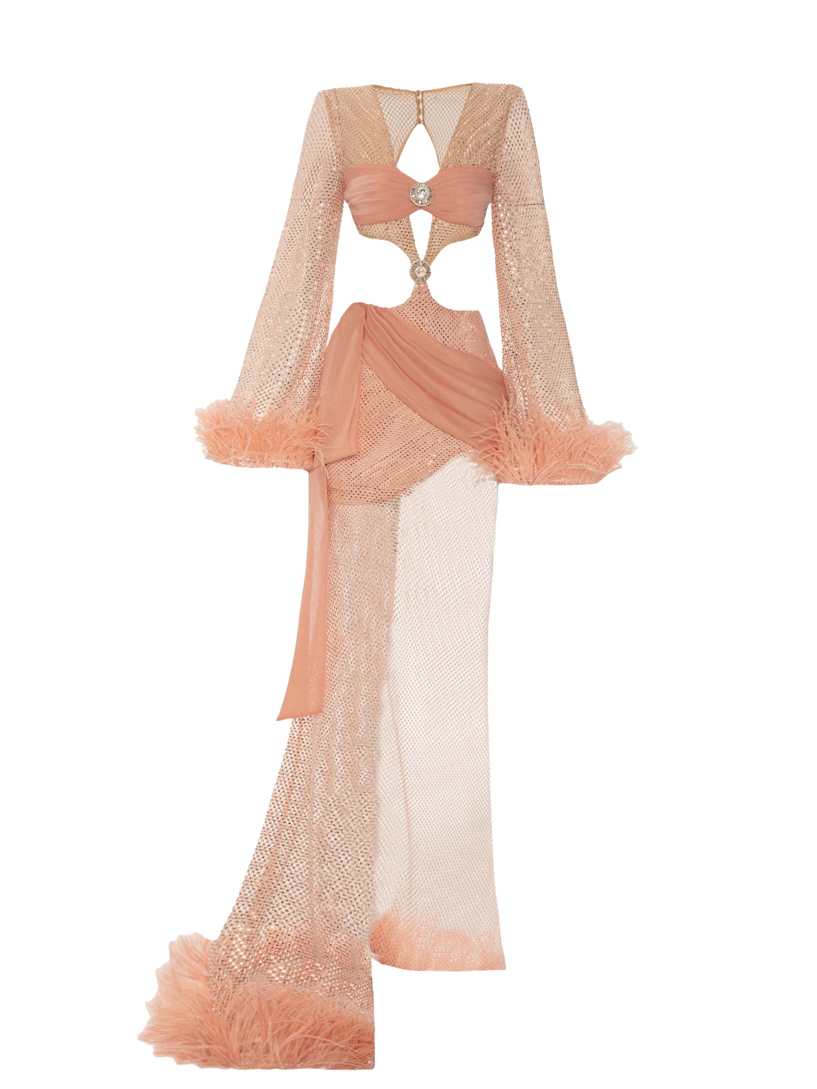 Stone Printed And Feather Detailed Asymmetric Dress - Handmade