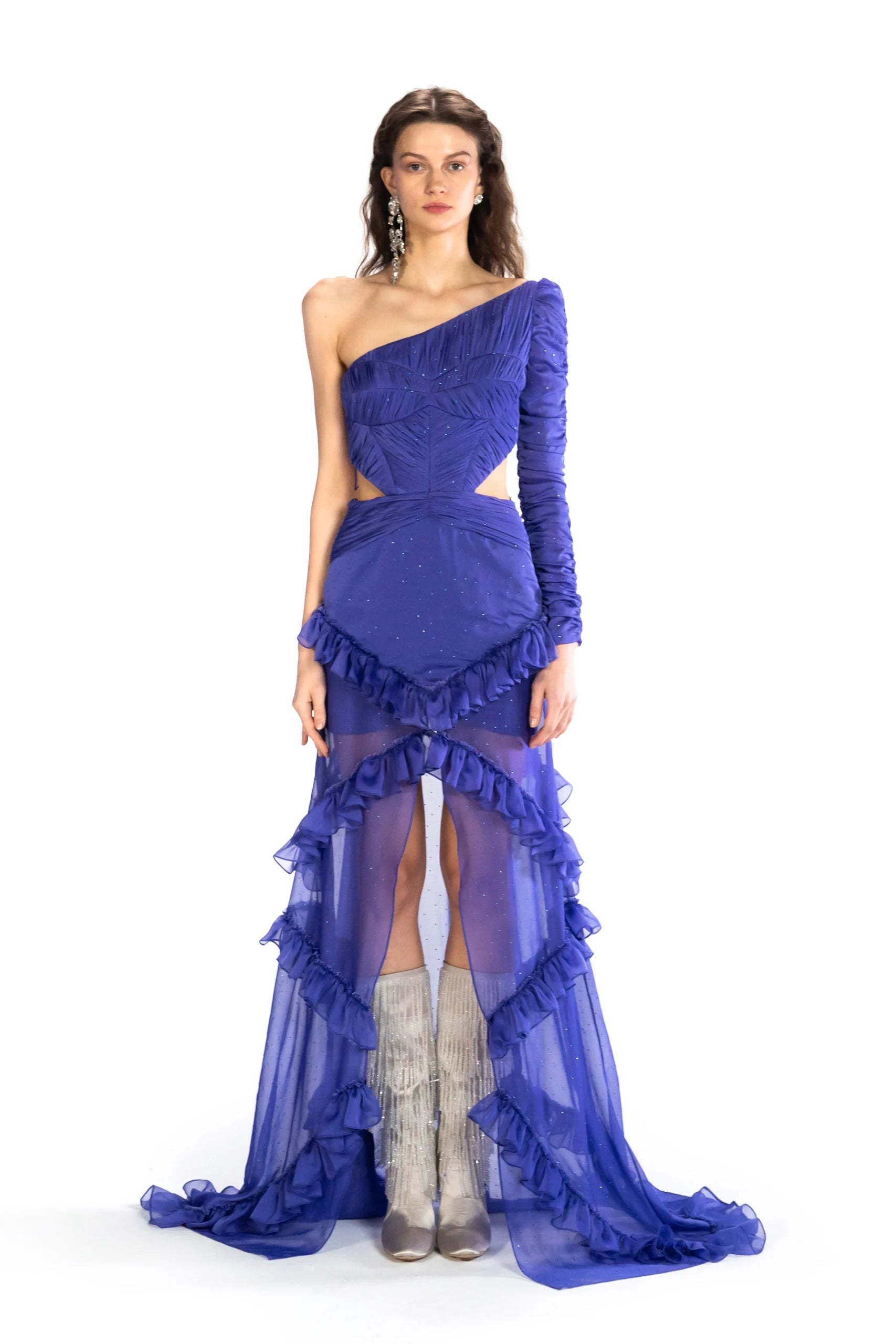 Stone Printed Dress With Asymmetric Neckline