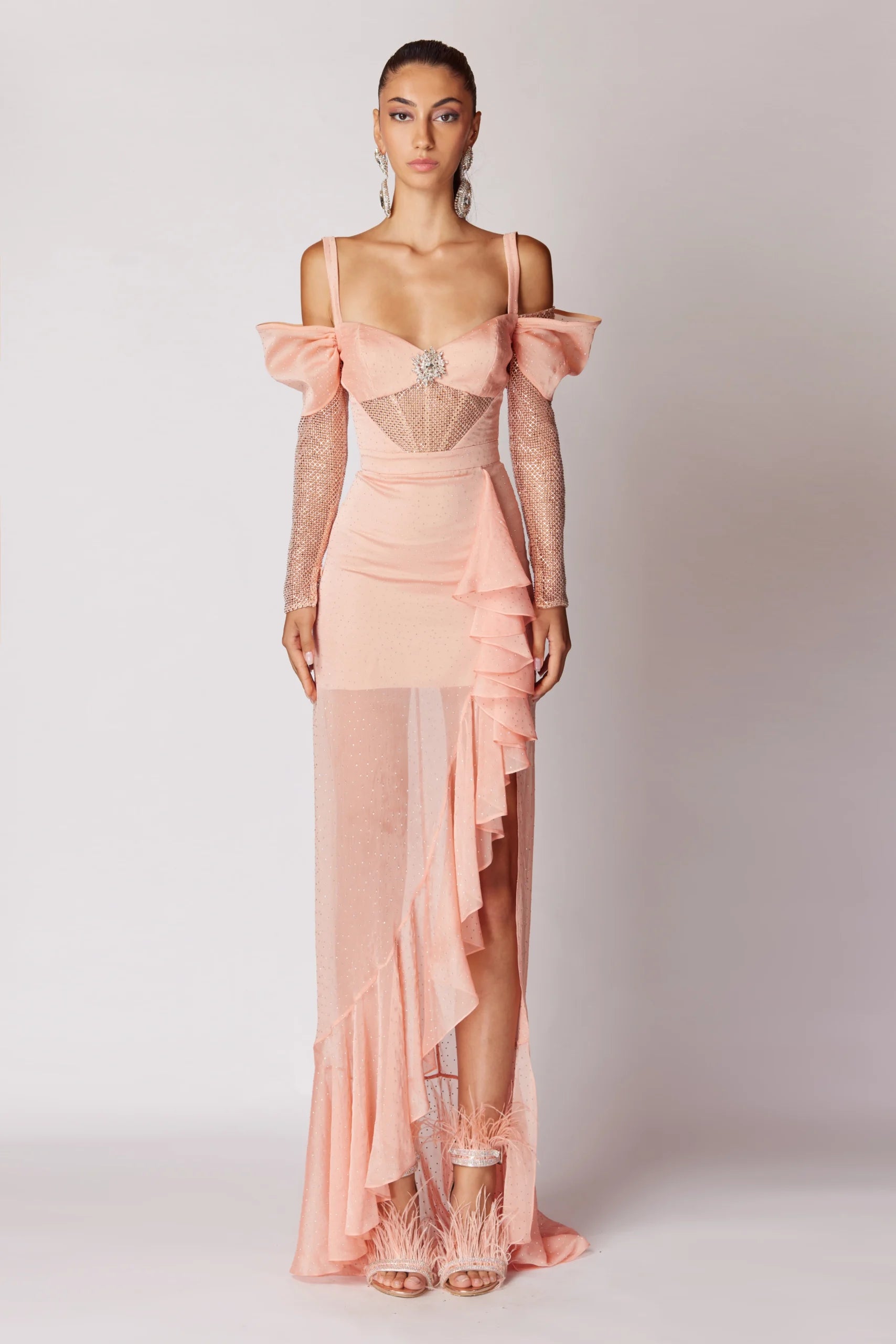 Stone Printed Grid Lace Maxi Dress