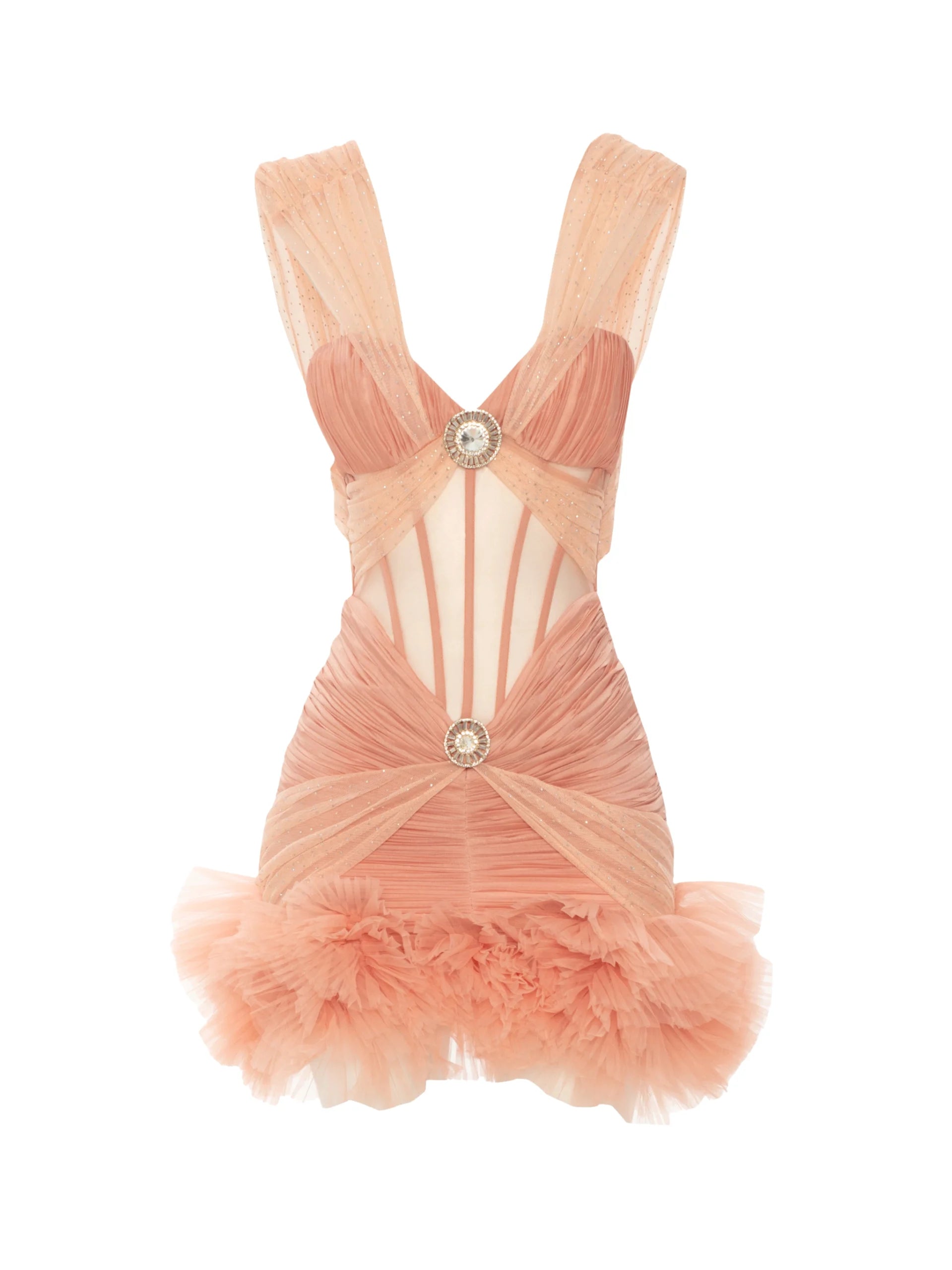 Stone Printed Ruffled Mini Dress With Brooch