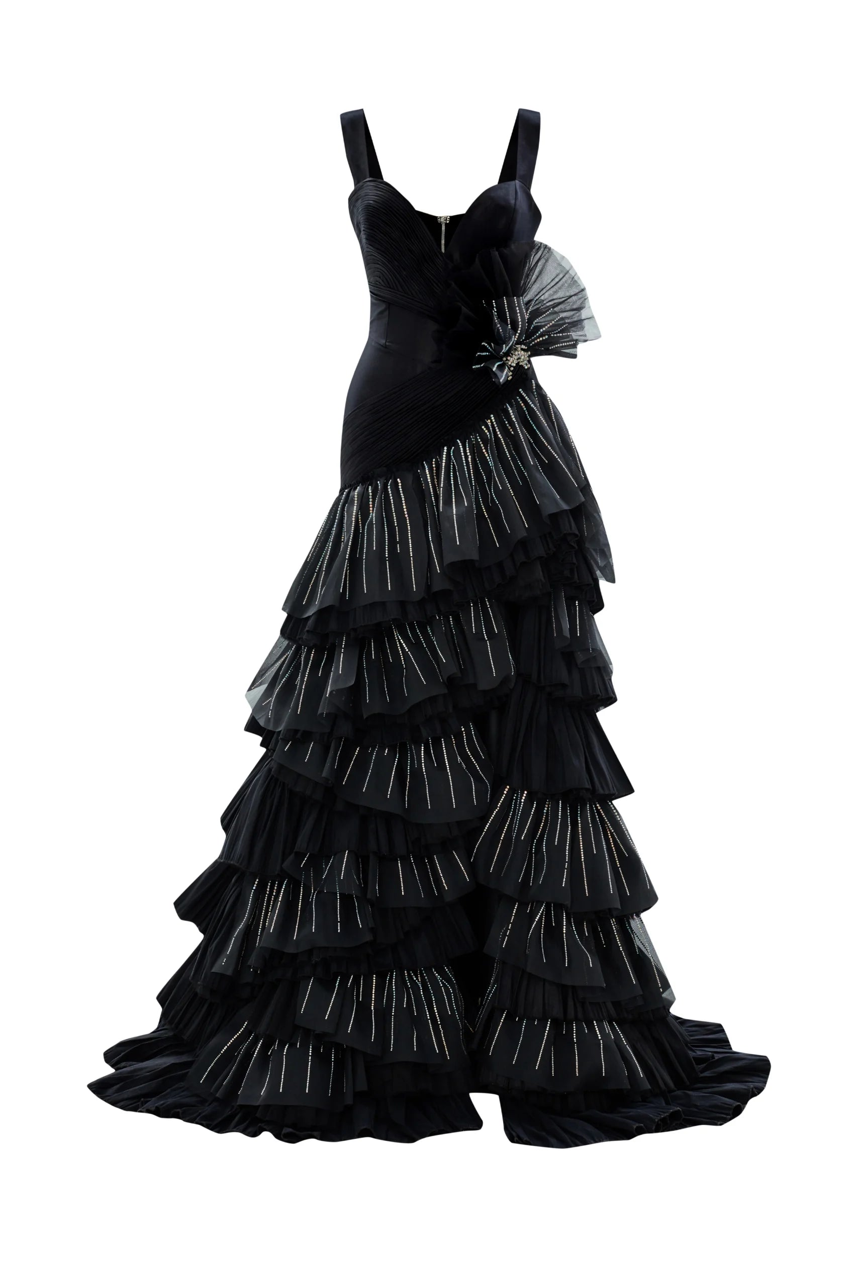 Stone-Printed Ruffled Taffeta Dress