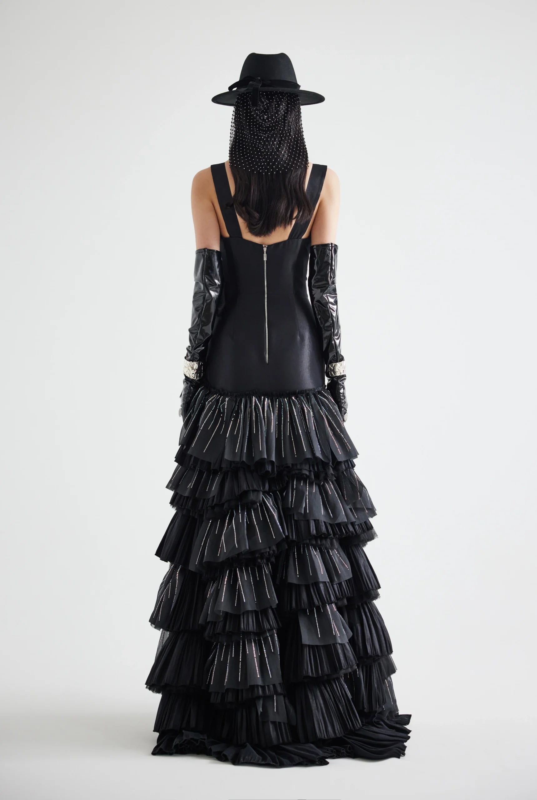 Stone-Printed Ruffled Taffeta Dress