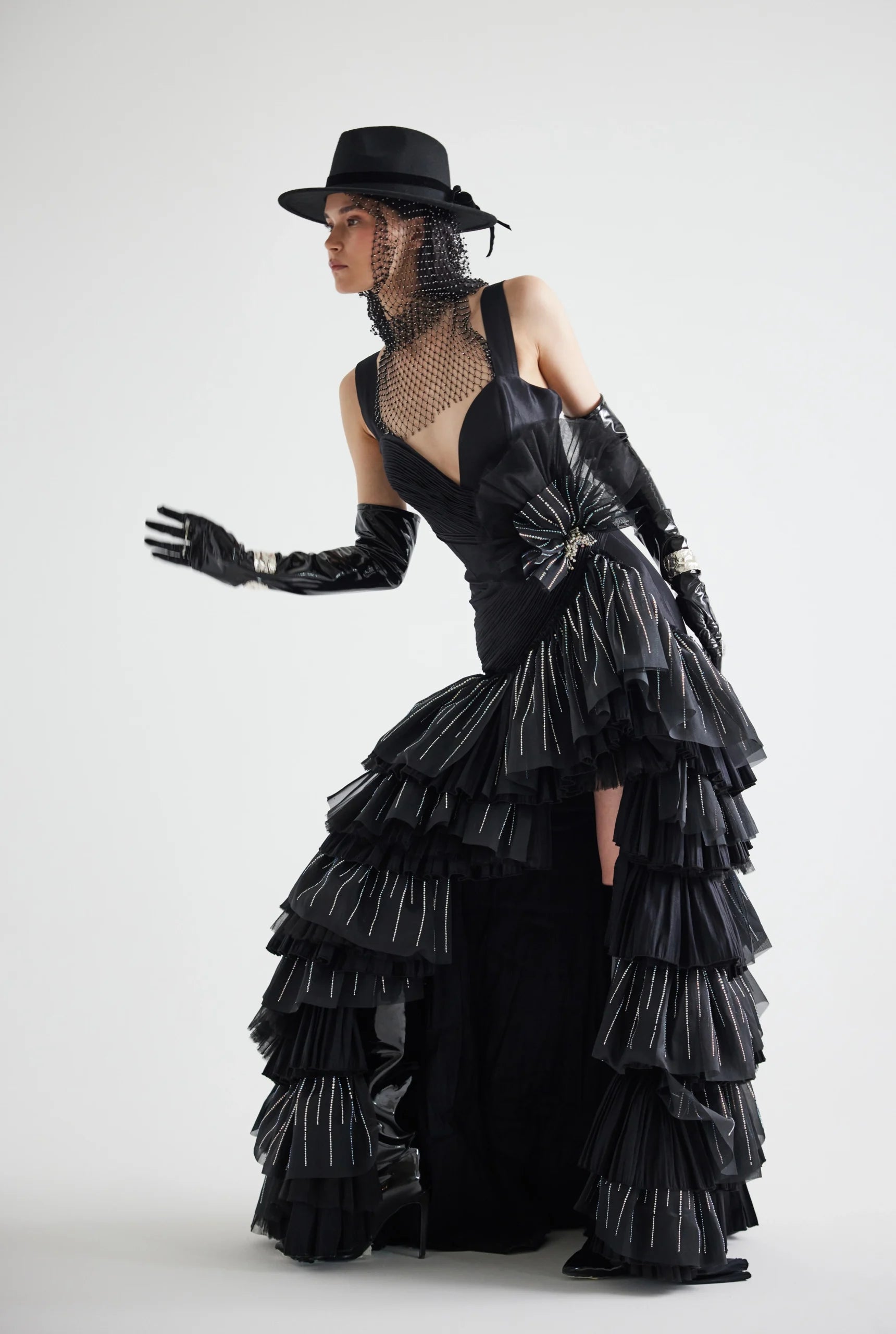 Stone-Printed Ruffled Taffeta Dress