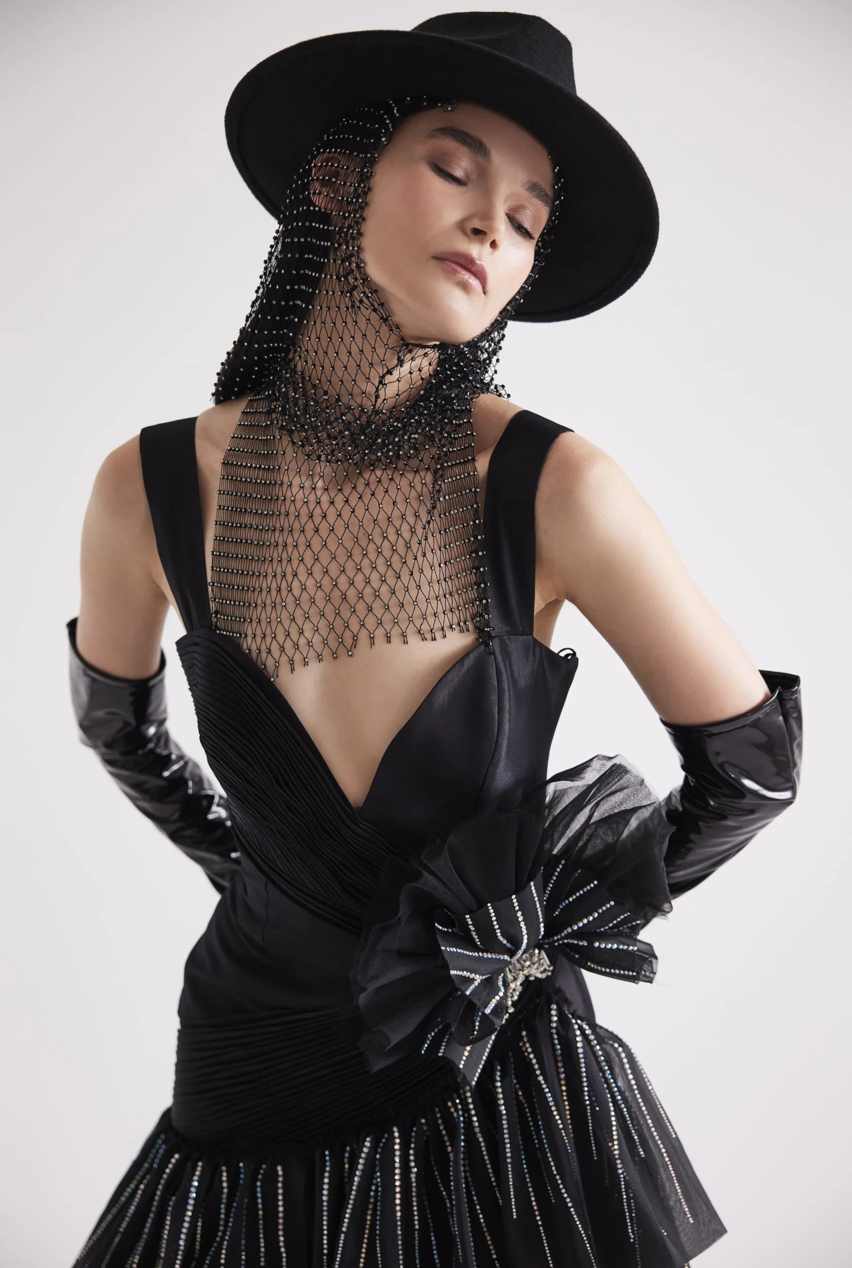 Stone-Printed Ruffled Taffeta Dress