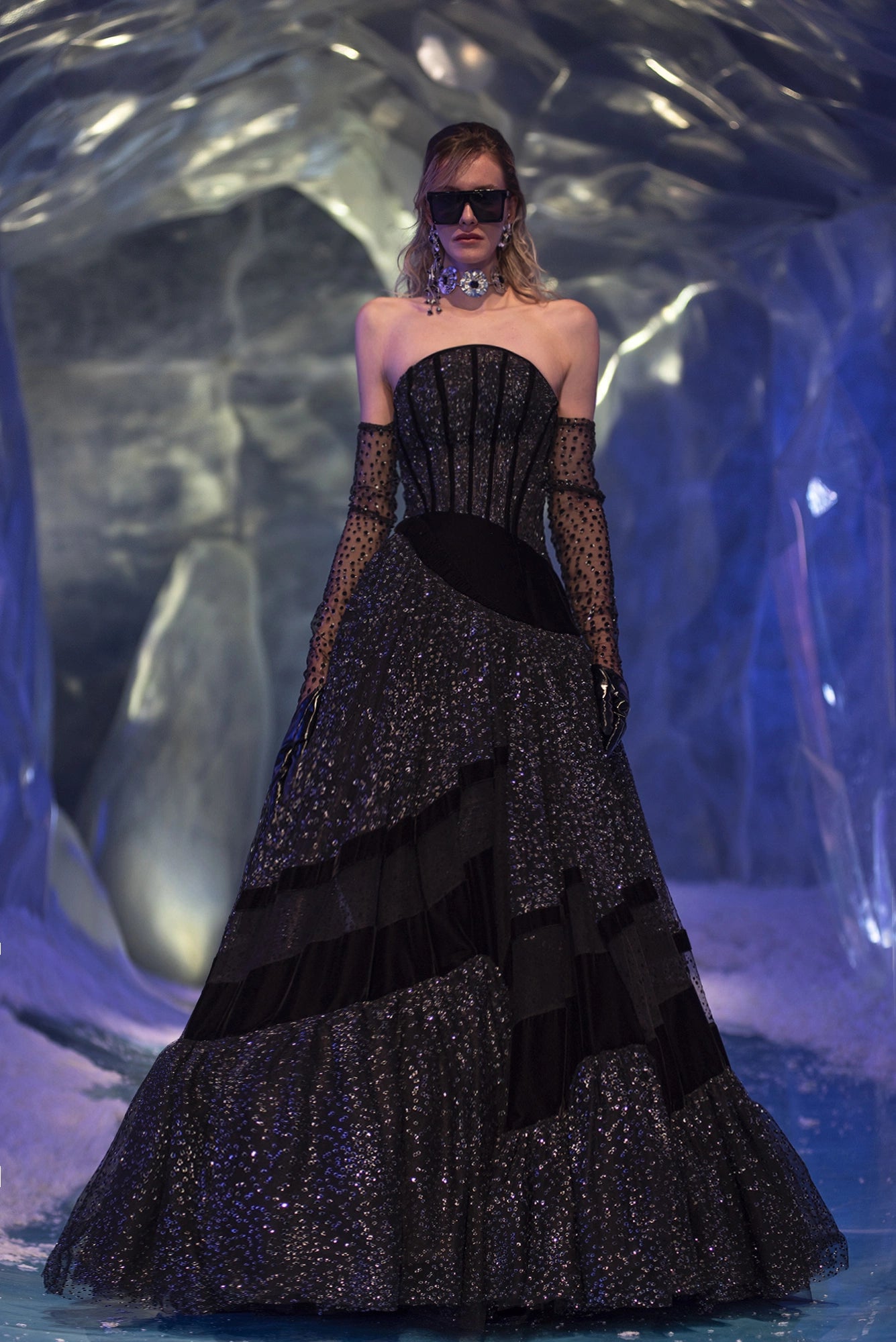 Strapless Flock Print Sparkling Dress