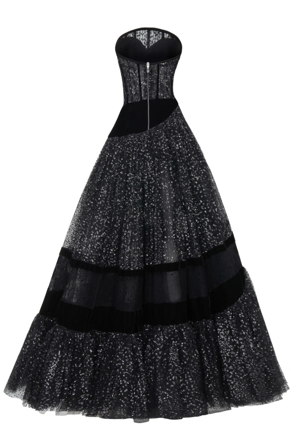 Strapless Flock Print Sparkling Dress