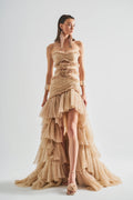 Strapless High-Low Dress features sheer point d’esprit tulle