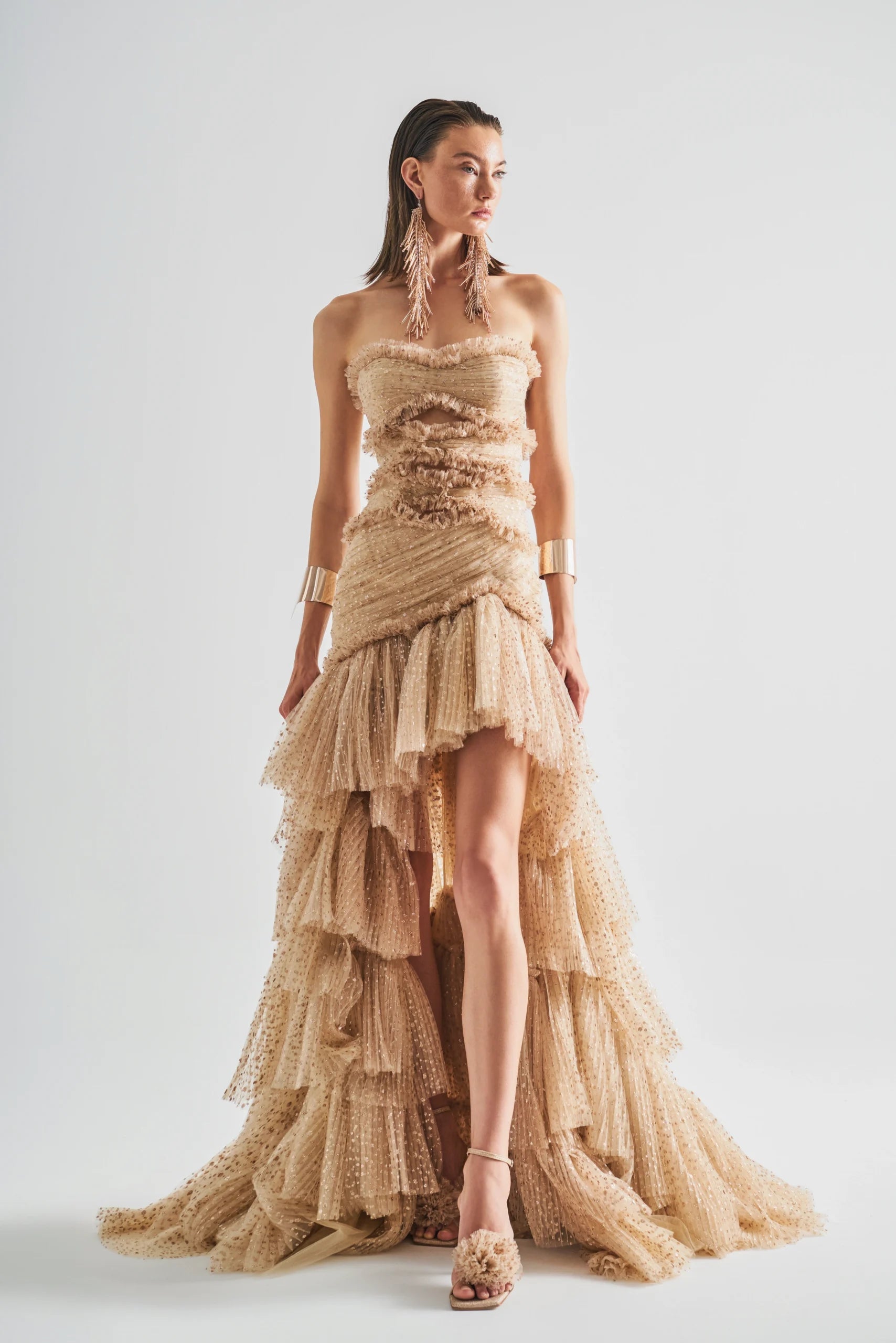 Strapless High-Low Dress features sheer point d’esprit tulle