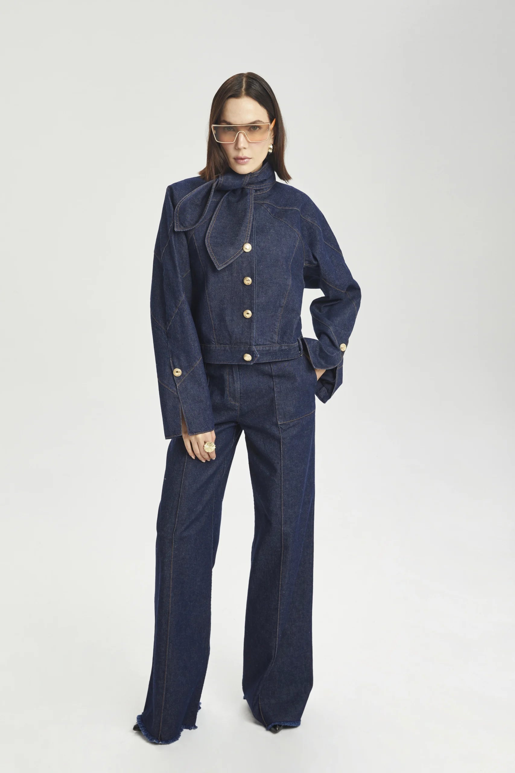 Structured Denim Jacket with Slit Sleeves