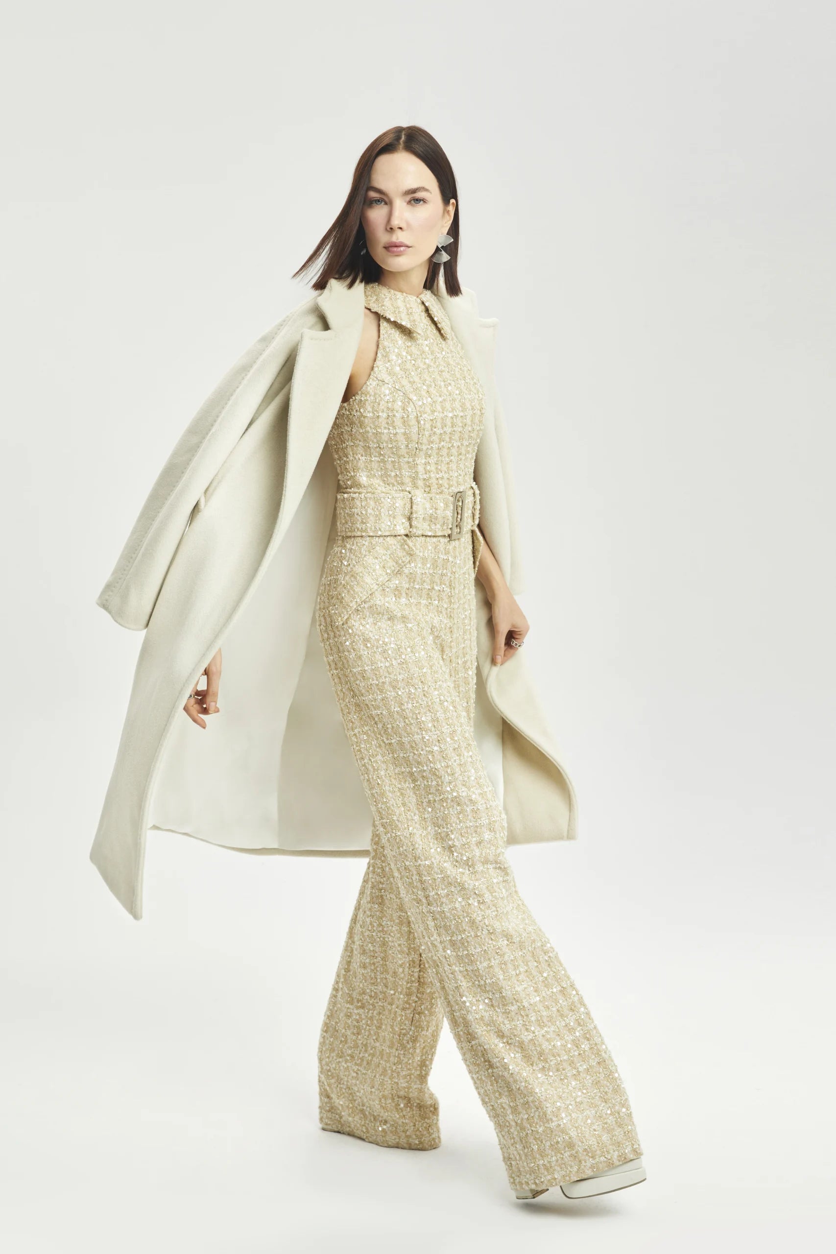 Structured Ecru Midi Coat with Utility Pockets