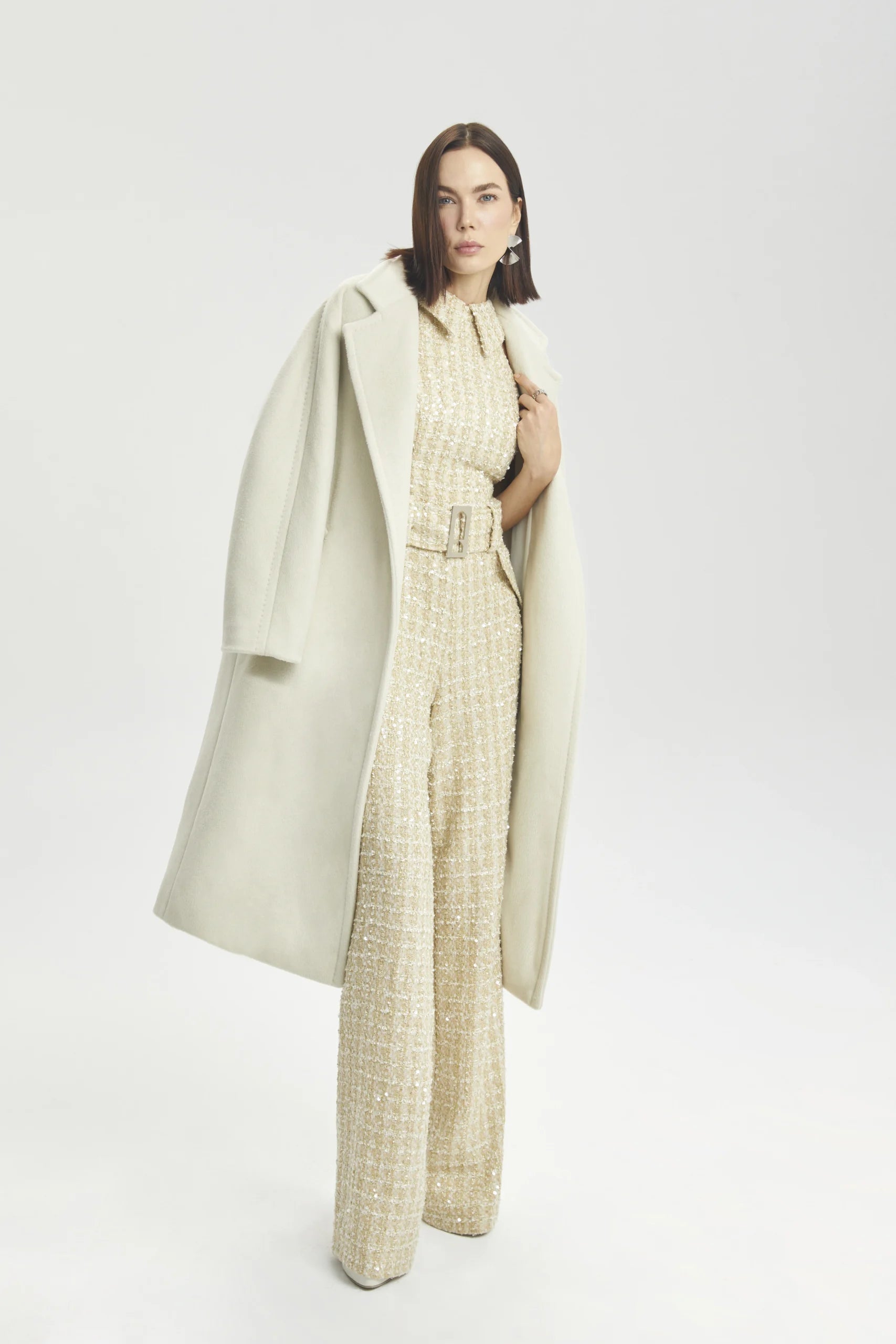 Structured Ecru Midi Coat with Utility Pockets