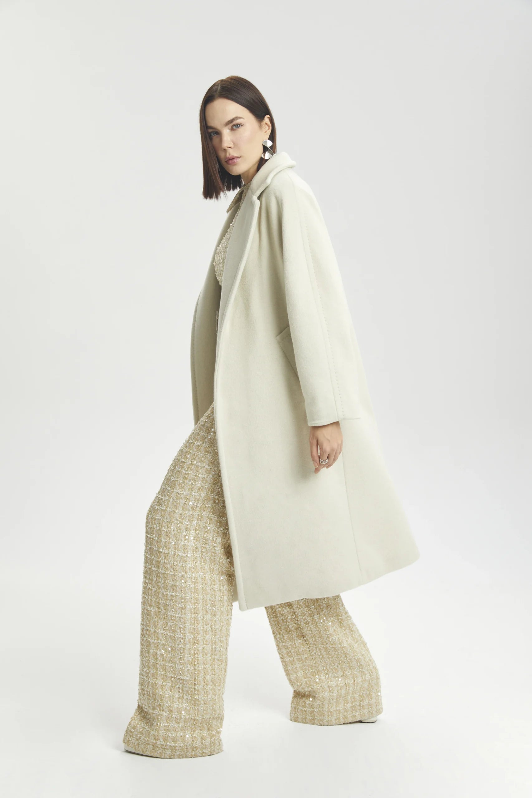 Structured Ecru Midi Coat with Utility Pockets