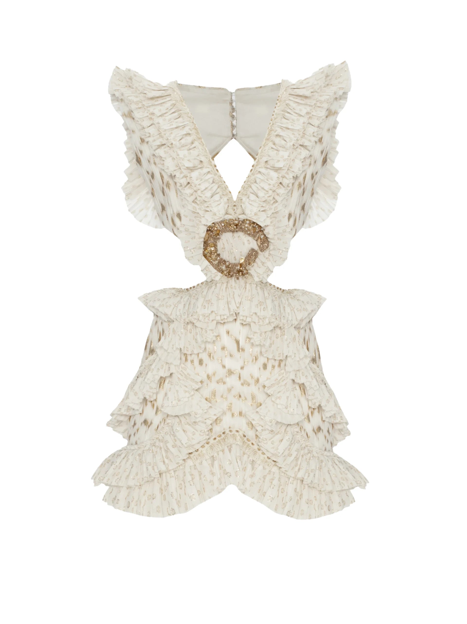 V-neck Golden Leopard Jacquard Ruffled Dress